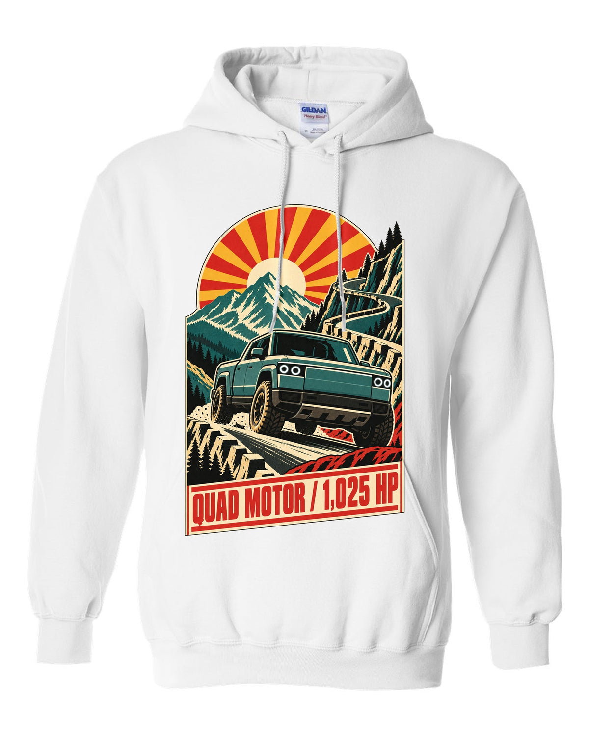 1960s lithographed vintage race poster print of a Rivian R1T reading Quad Motor 1,025 HP white pull over hoodie front view with the design