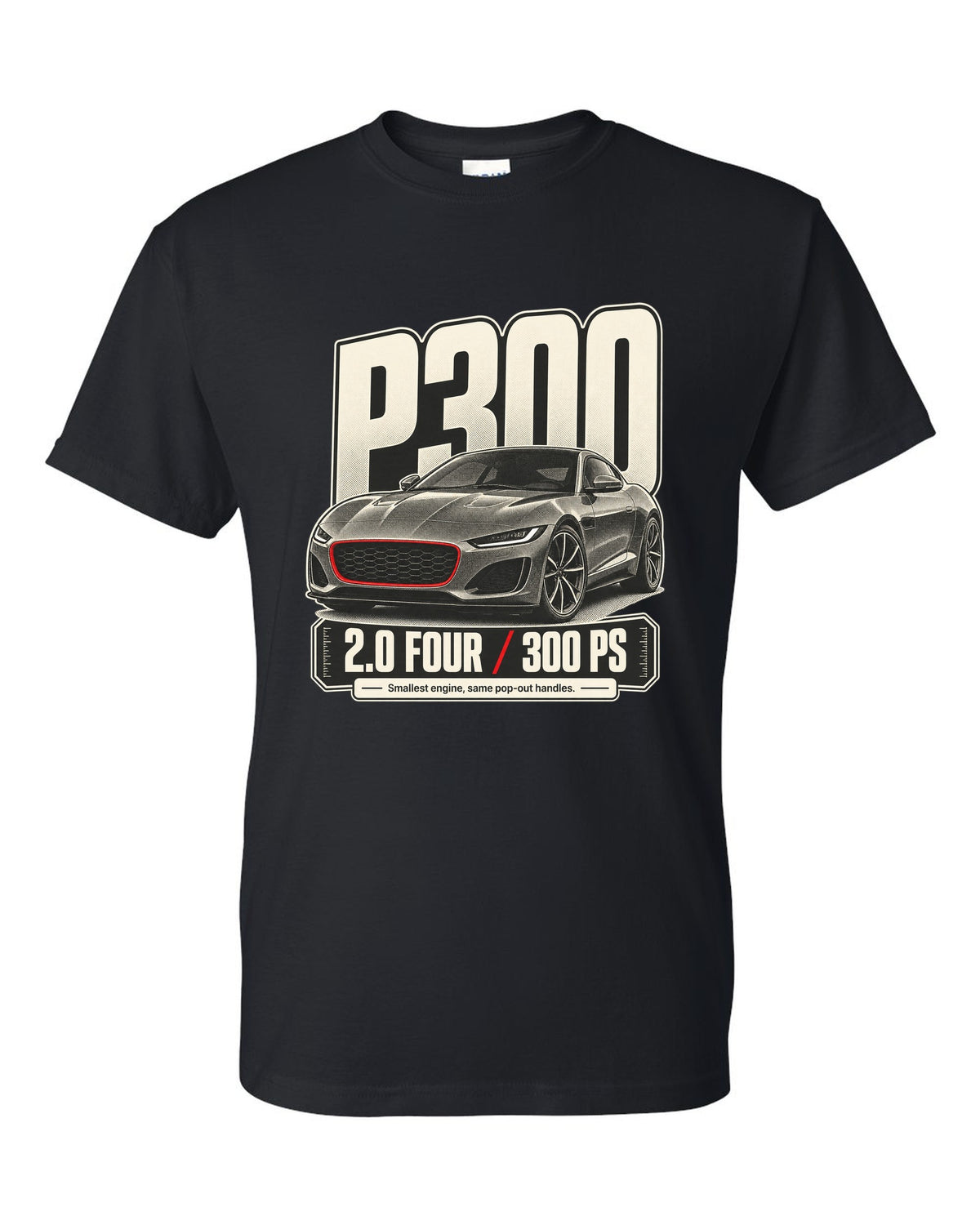 Halftone statement print for the Jaguar F-Type P300 2.0 four-cylinder with 300 PS text black t-shirt front view with the design