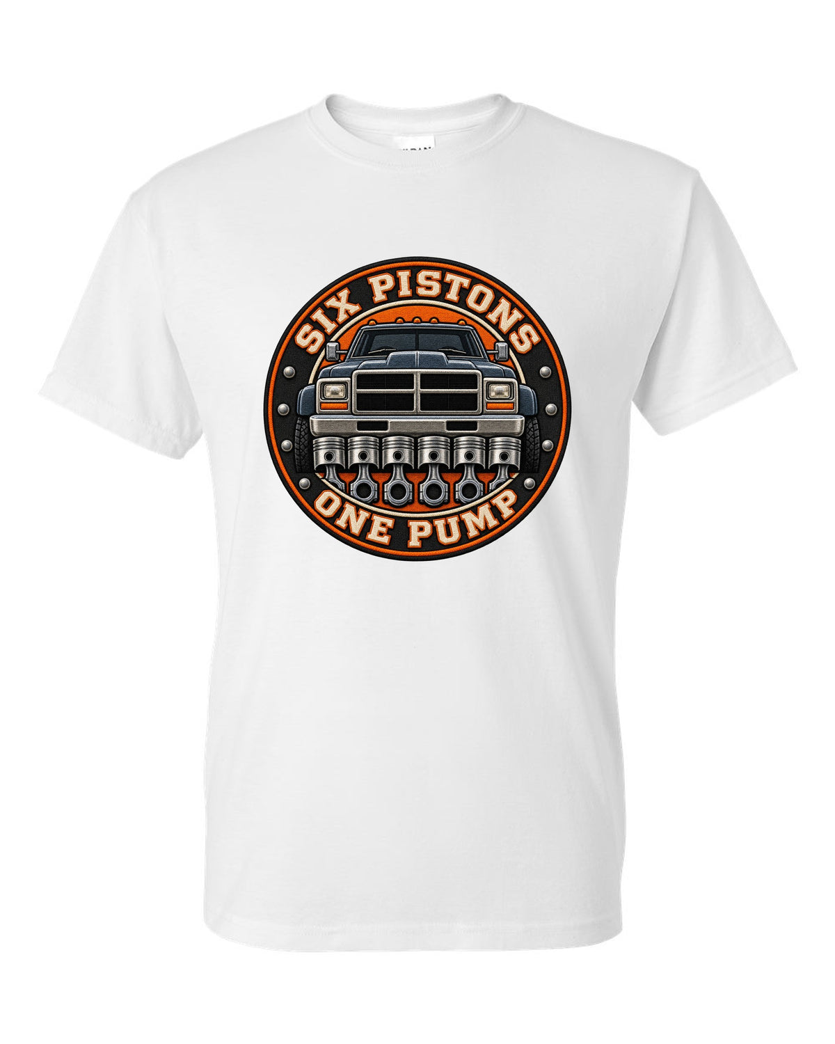 Round varsity crest print for a 1994-1998 Dodge Ram 2500 12V Cummins white t-shirt front view with the design