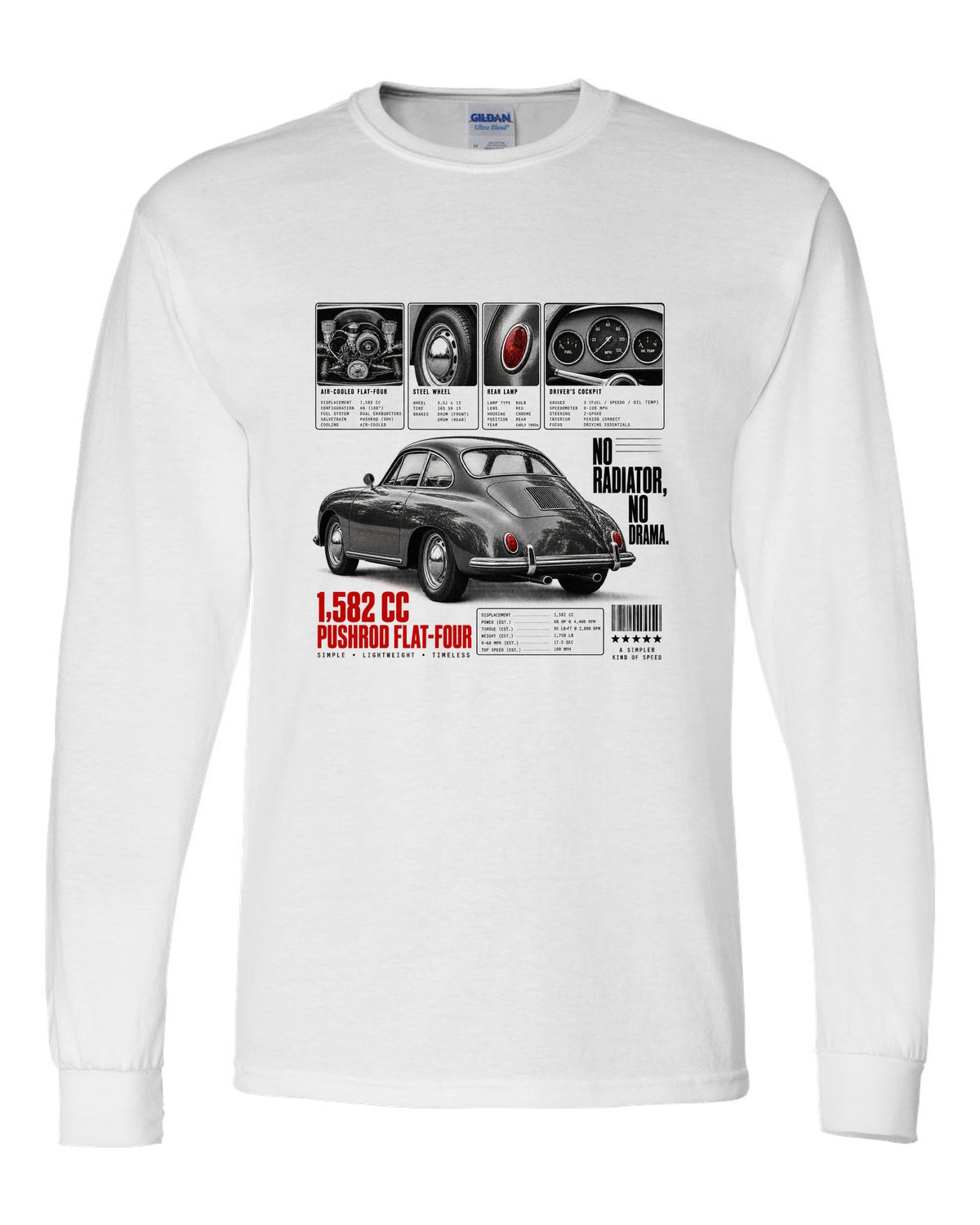 Dossier panel print of a Porsche 356 B coupe with 1,582 cc flat-four and no radiator text white long sleeve front view with the design