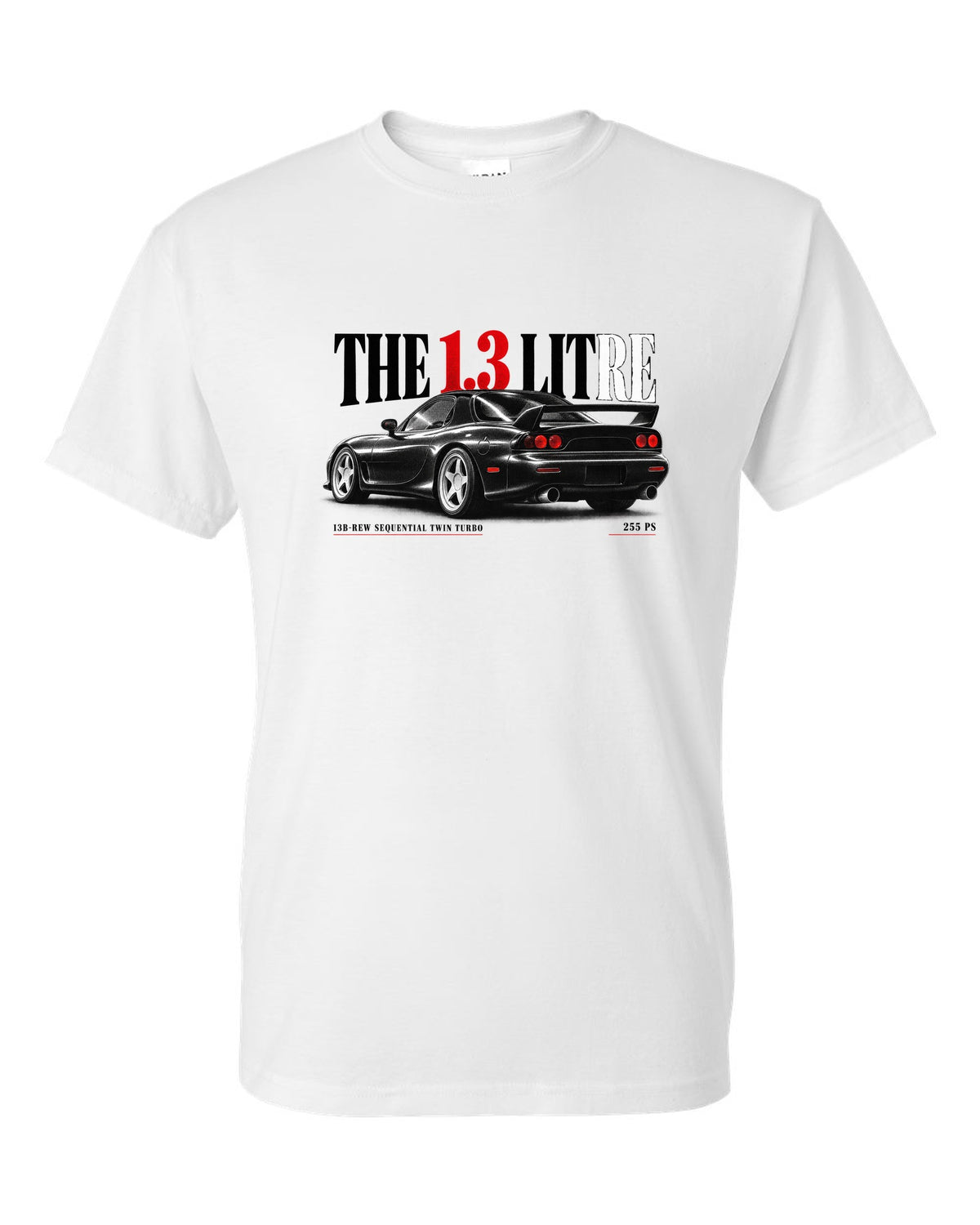 Editorial headline print for the 1992 Mazda RX-7 FD3S with 13B-REW sequential twin turbo and 255 PS white t-shirt front view with the design
