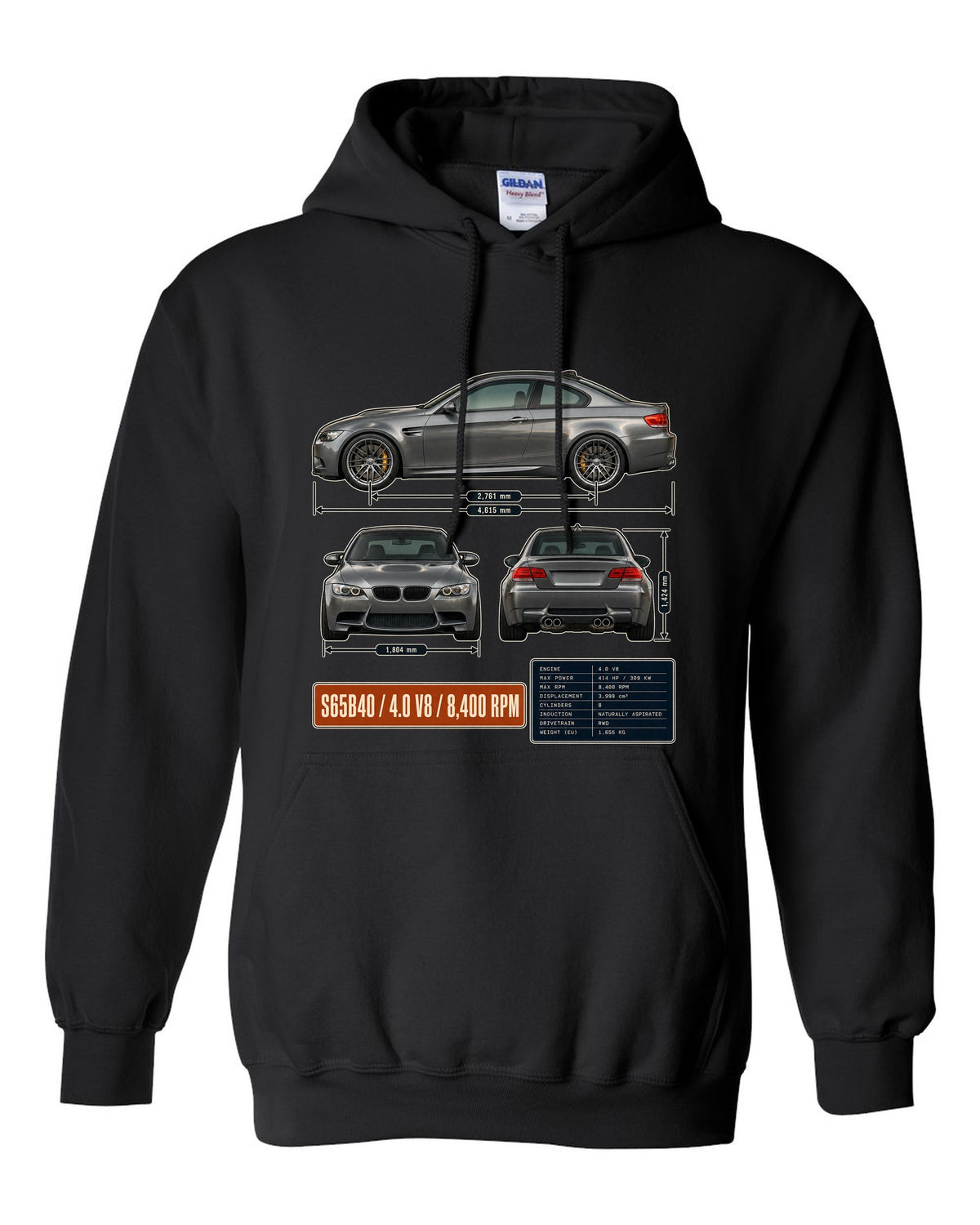 BMW M3 E92 coupe three-view drawing with S65 V8 spec table black pull over hoodie front view with the design