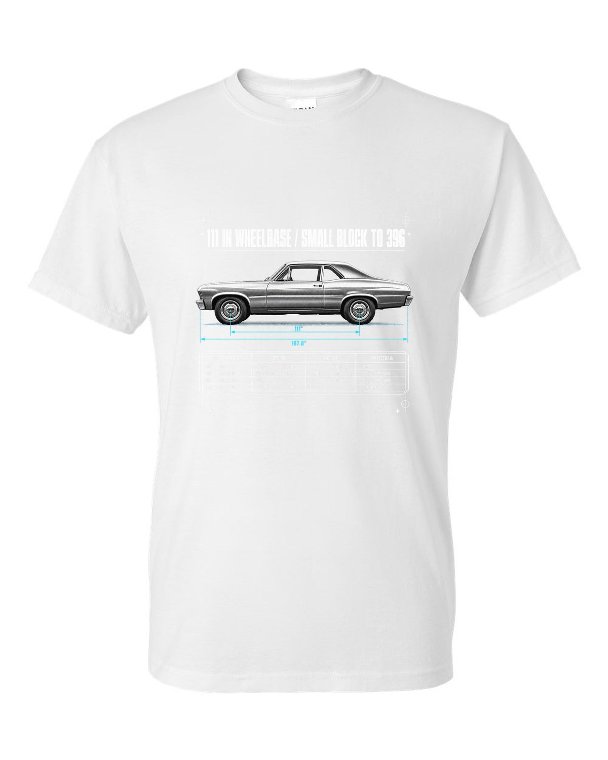 1968 Nova X-Body Spec Poster white t-shirt front view with the design