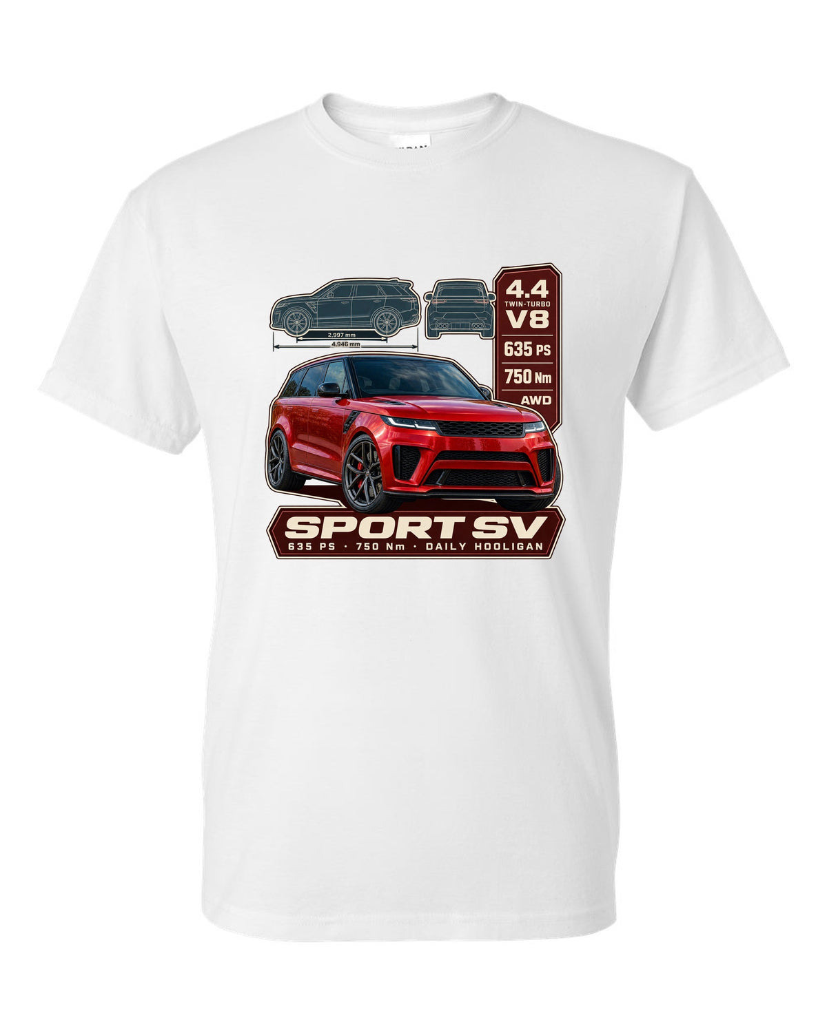 Spec poster print of the Range Rover Sport SV L461 with power and torque white t-shirt front view with the design