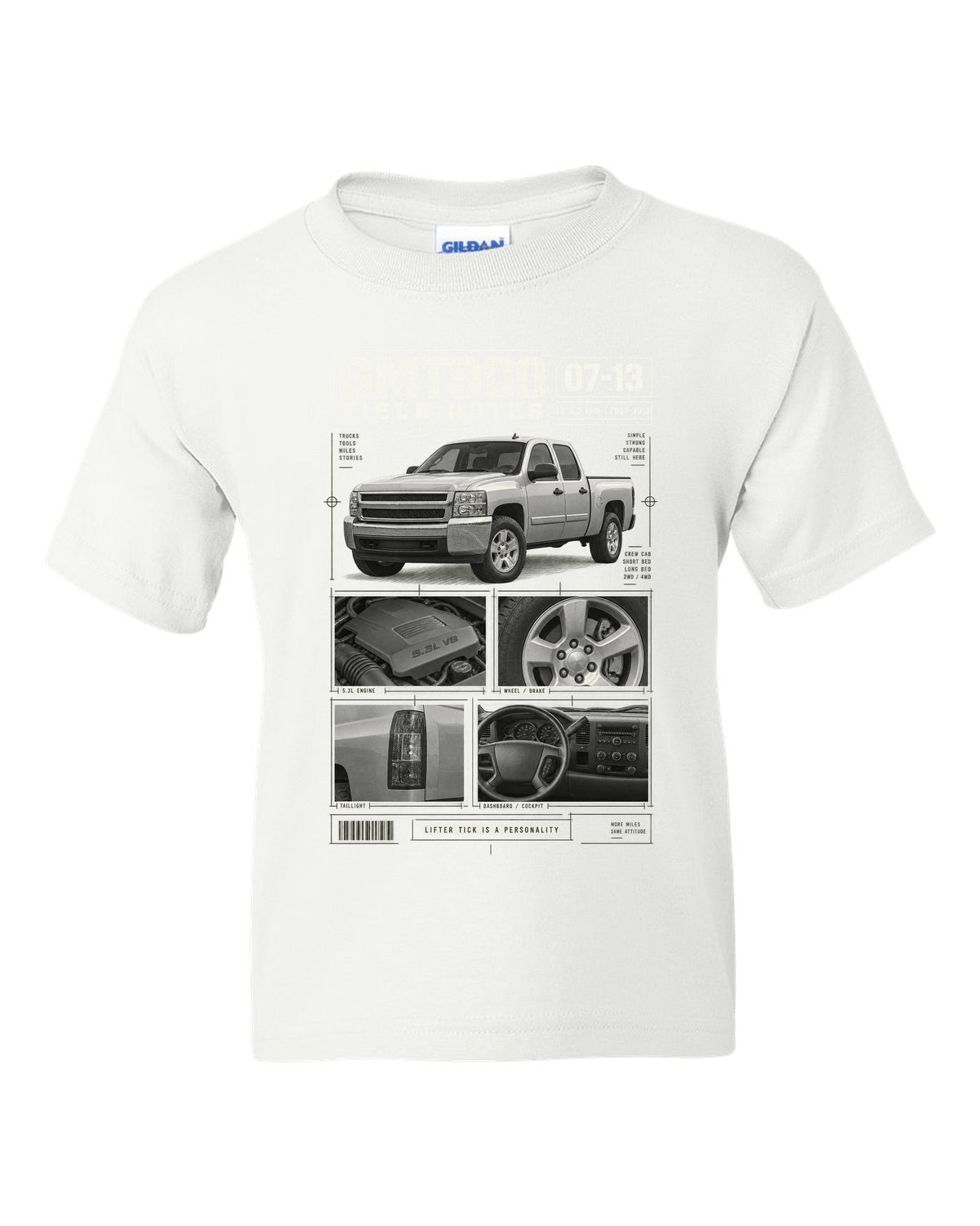GMT900 Chevy Silverado crew cab field notes dossier print white kids tee front view with the design