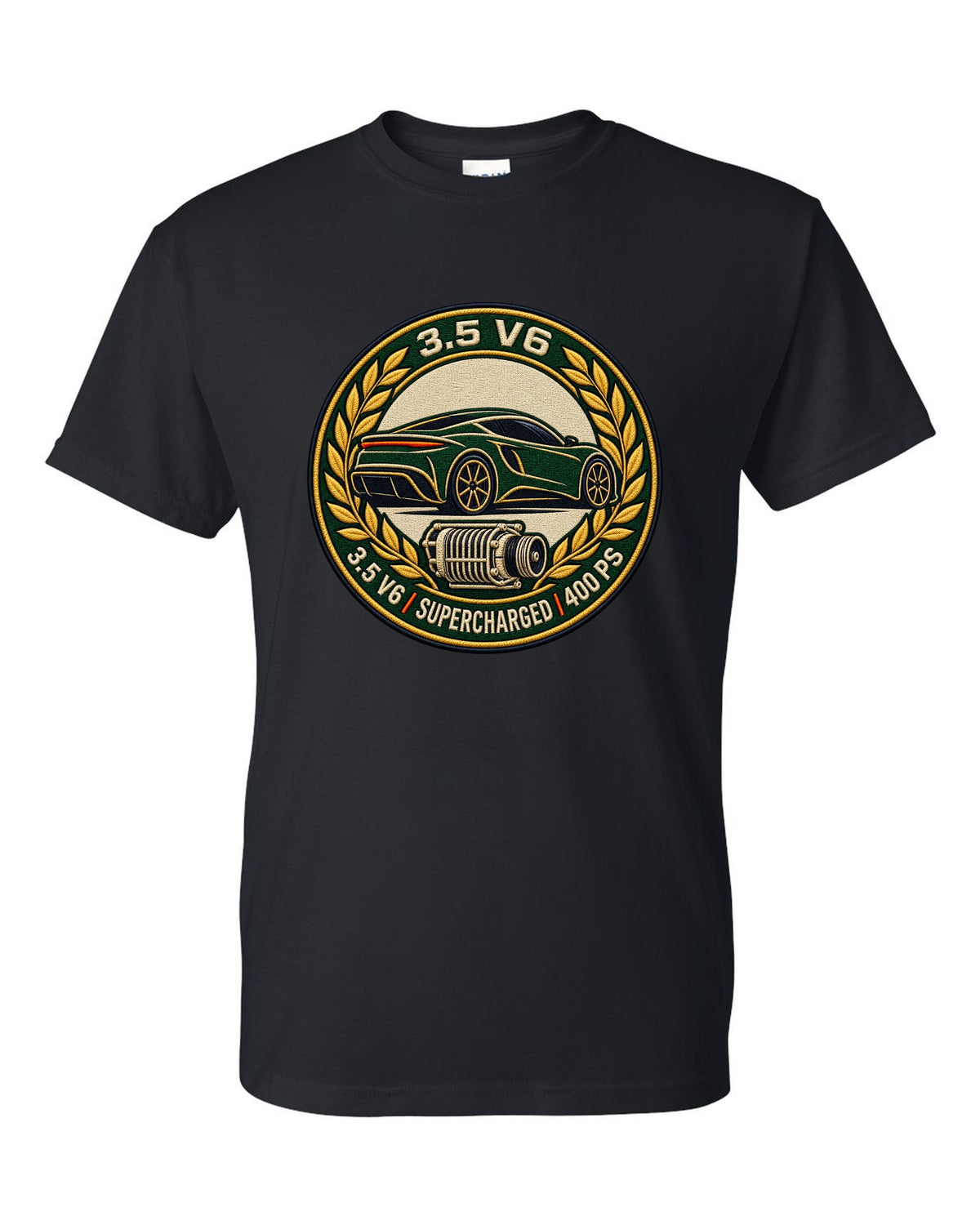 Lotus Emira varsity crest with 3.5 V6 SUPERCHARGED 400 PS lettering black t-shirt front view with the design
