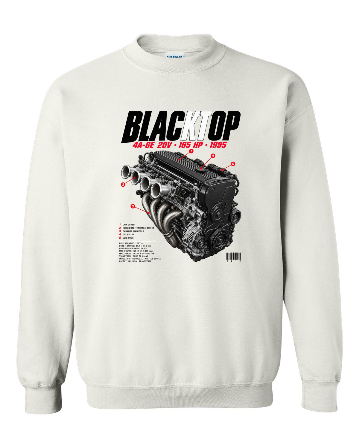 Engine bay hero print of the blacktop 4A-GE 20V in a Toyota Corolla Levin AE111 white crewneck front view with the design