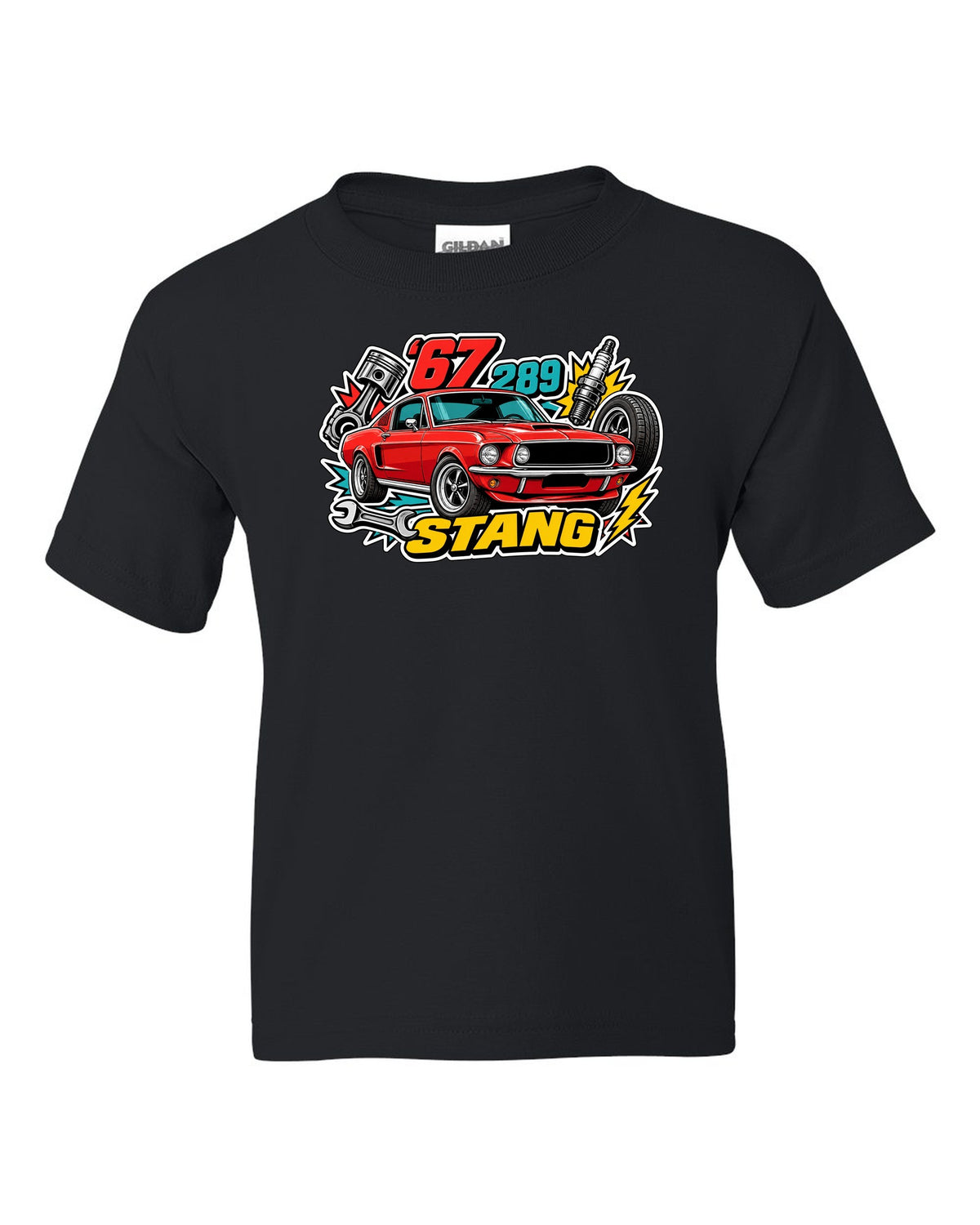 Sticker-bomb collage print of a 1967 Ford Mustang fastback black kids tee front view with the design