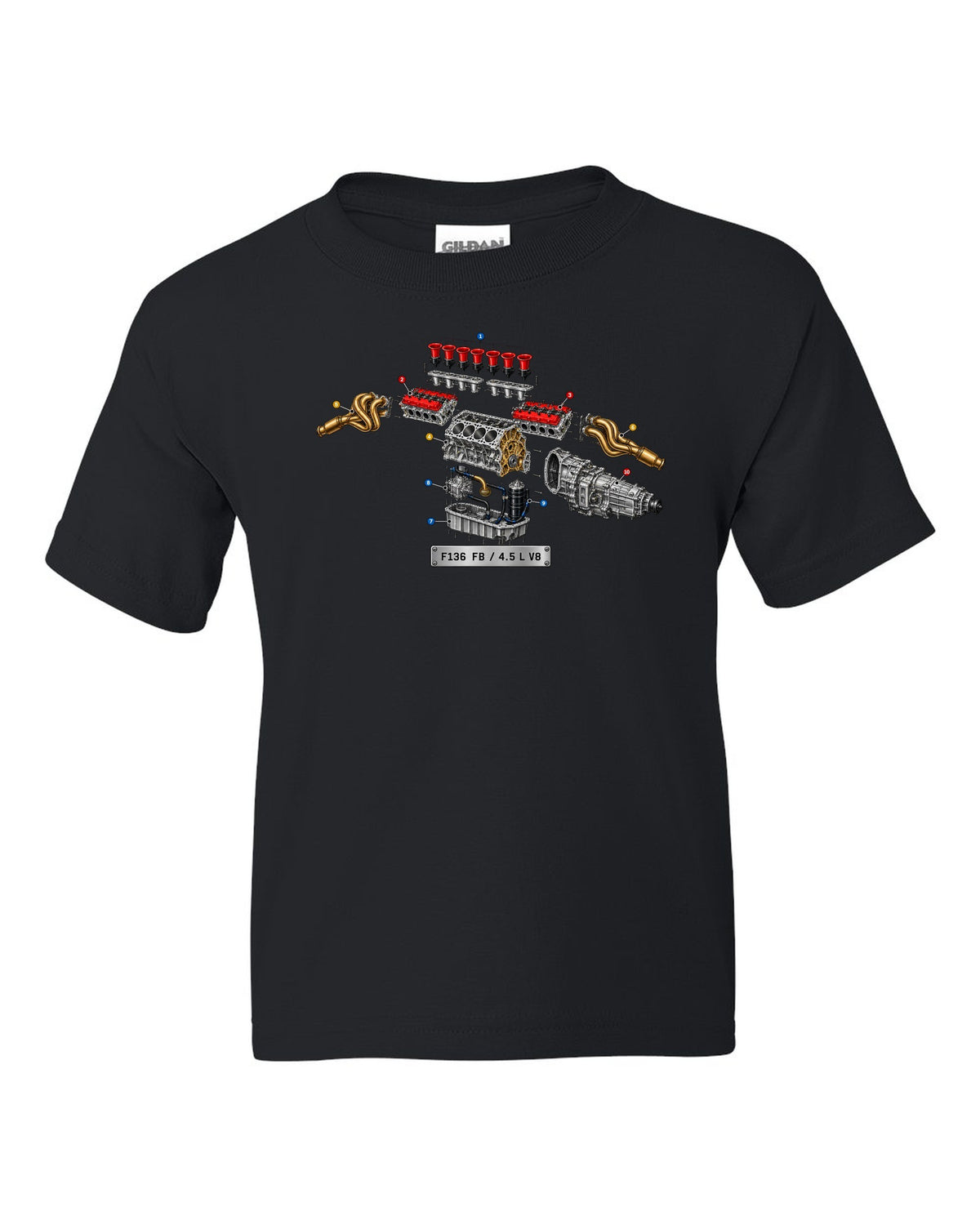 Exploded view of the Ferrari 458 Italia F136 FB V8 with numbered callouts black kids tee front view with the design