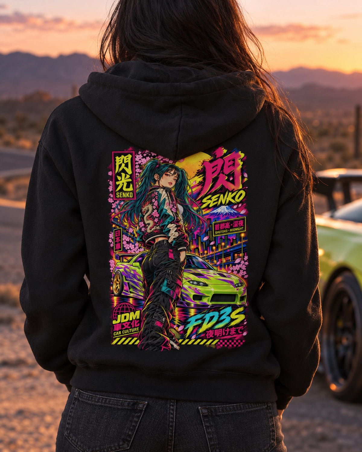 SENKO FD3S Anime Girl Full-Back Graphic Tee Zip Hoodie Black worn hero