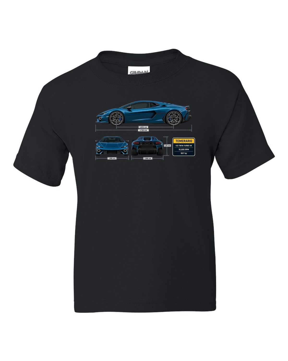 Three-view spec print of the Lamborghini Temerario black kids tee front view with the design