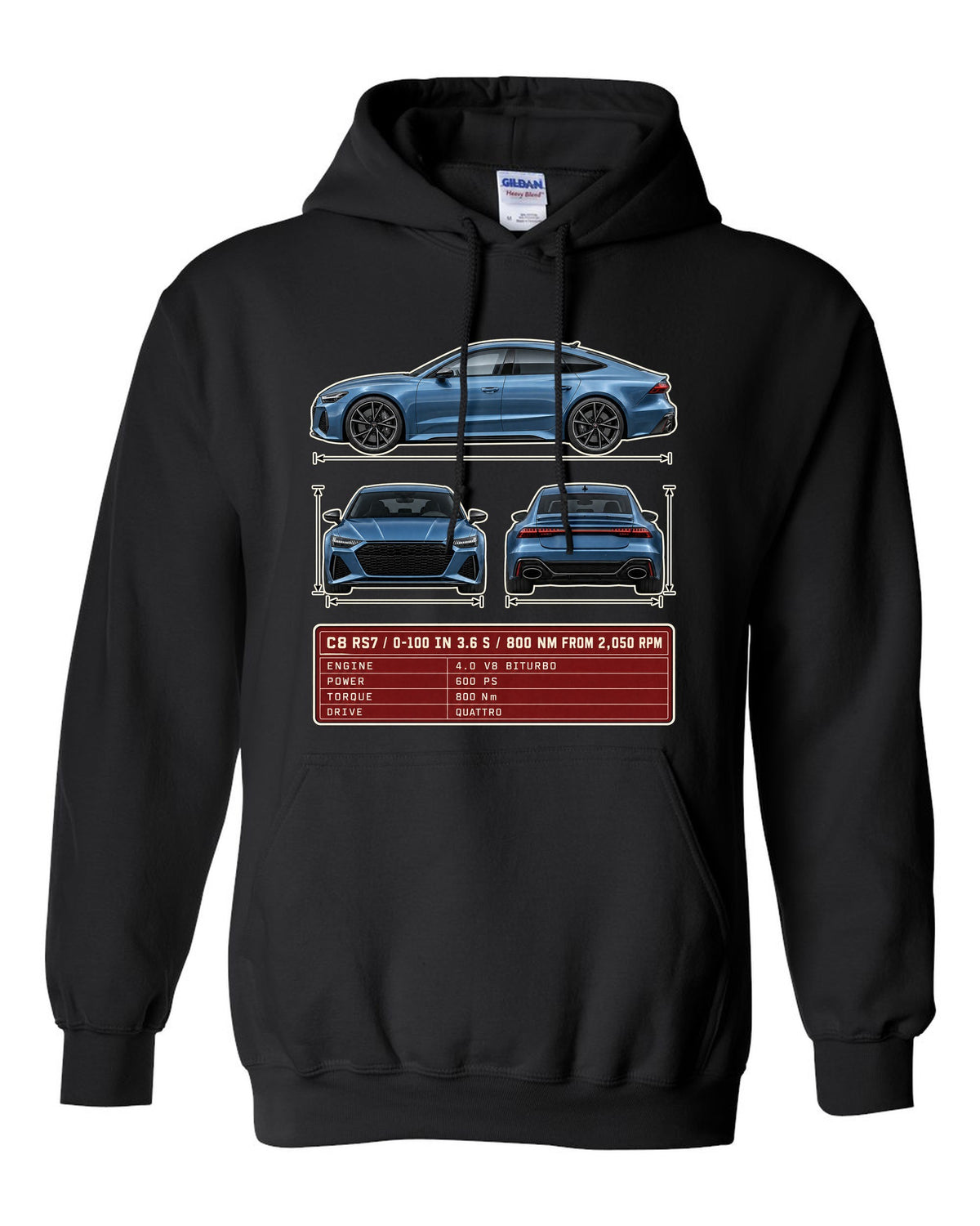 Three-view spec sheet for the Audi RS7 Sportback C8 black pull over hoodie front view with the design