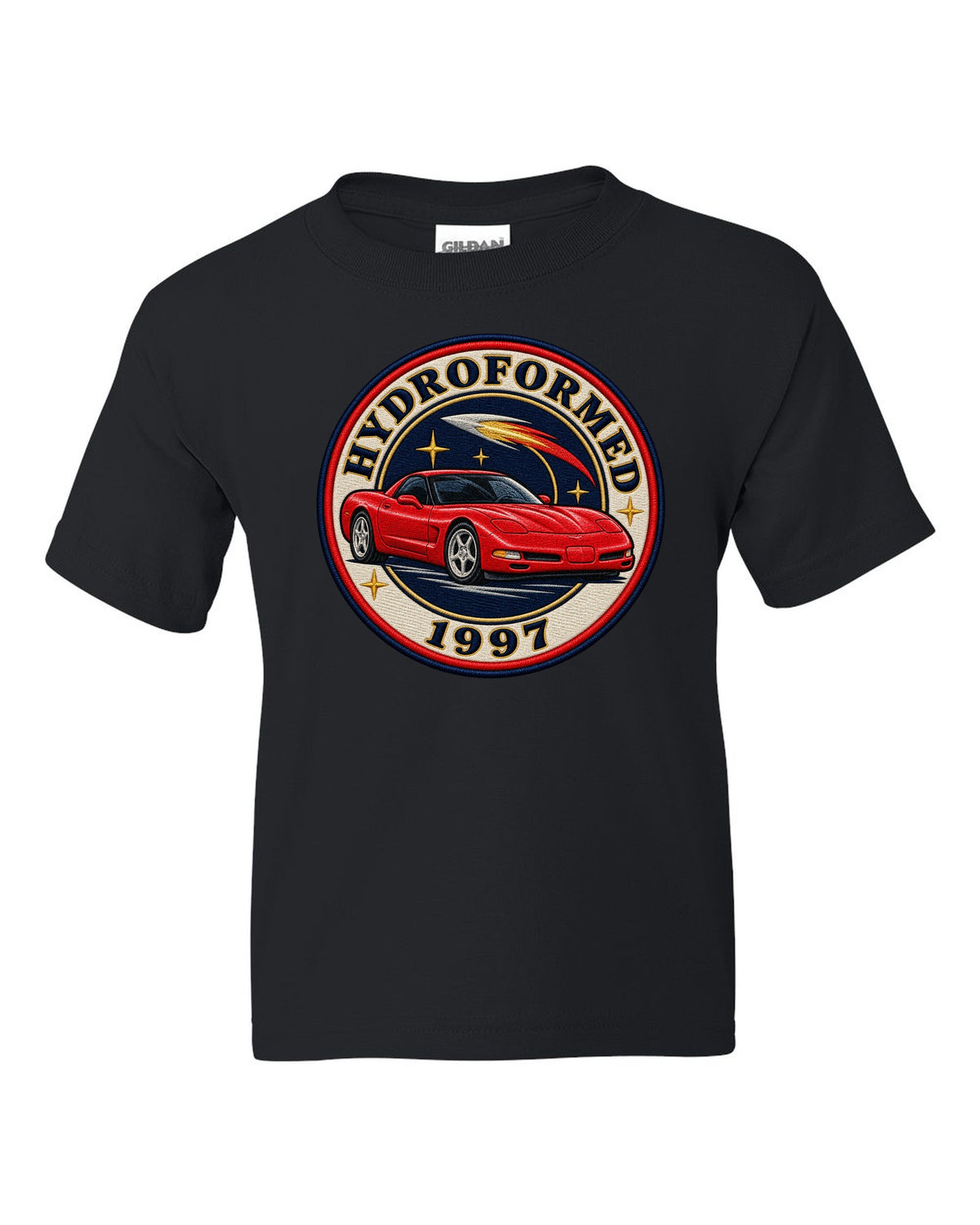 Embroidery style varsity crest print of a 1997 Chevrolet Corvette C5 coupe with Hydroformed text black kids tee front view with the design
