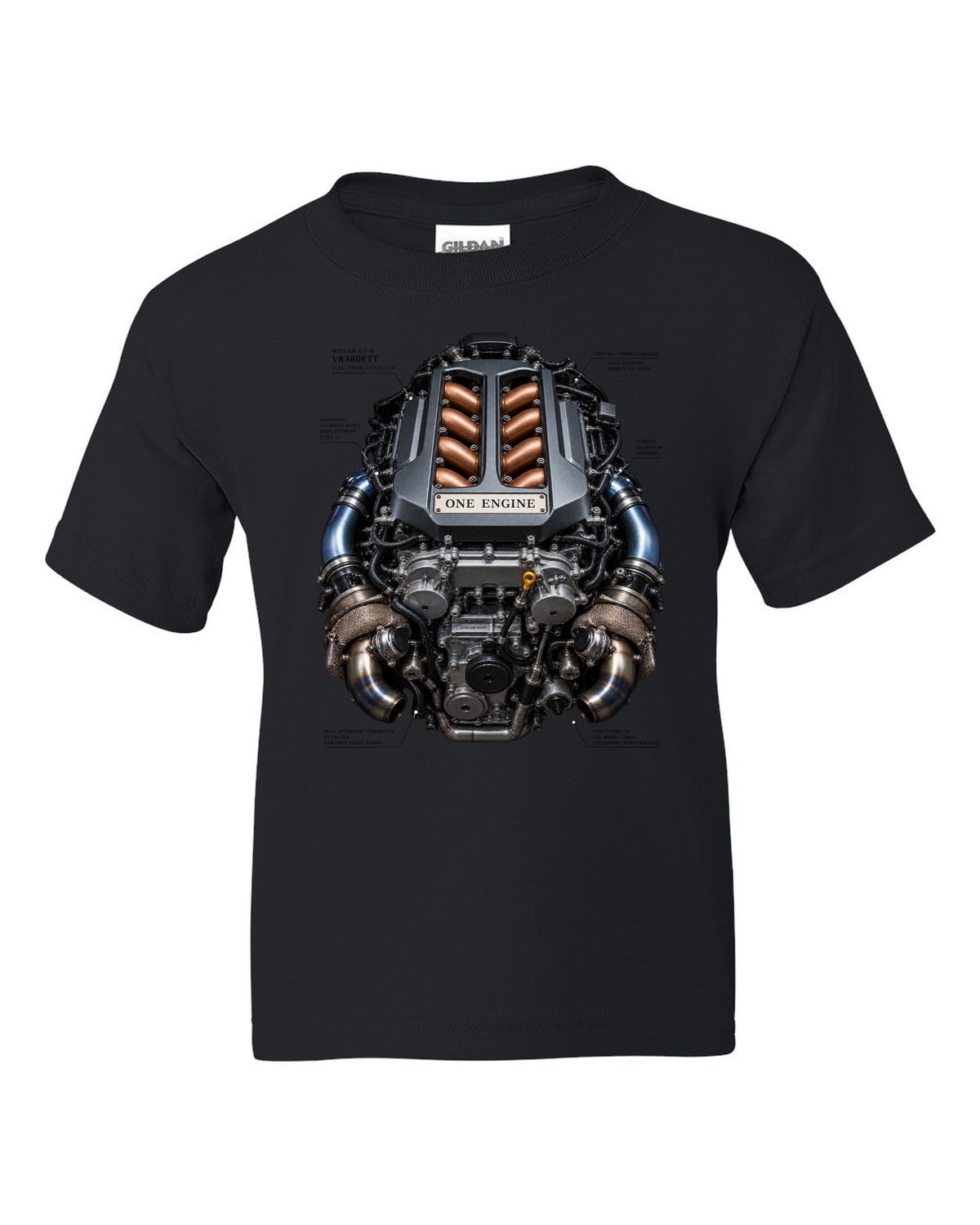 Nissan GT-R VR38DETT twin-turbo V6 engine bay illustration, print design black kids tee front view with the design