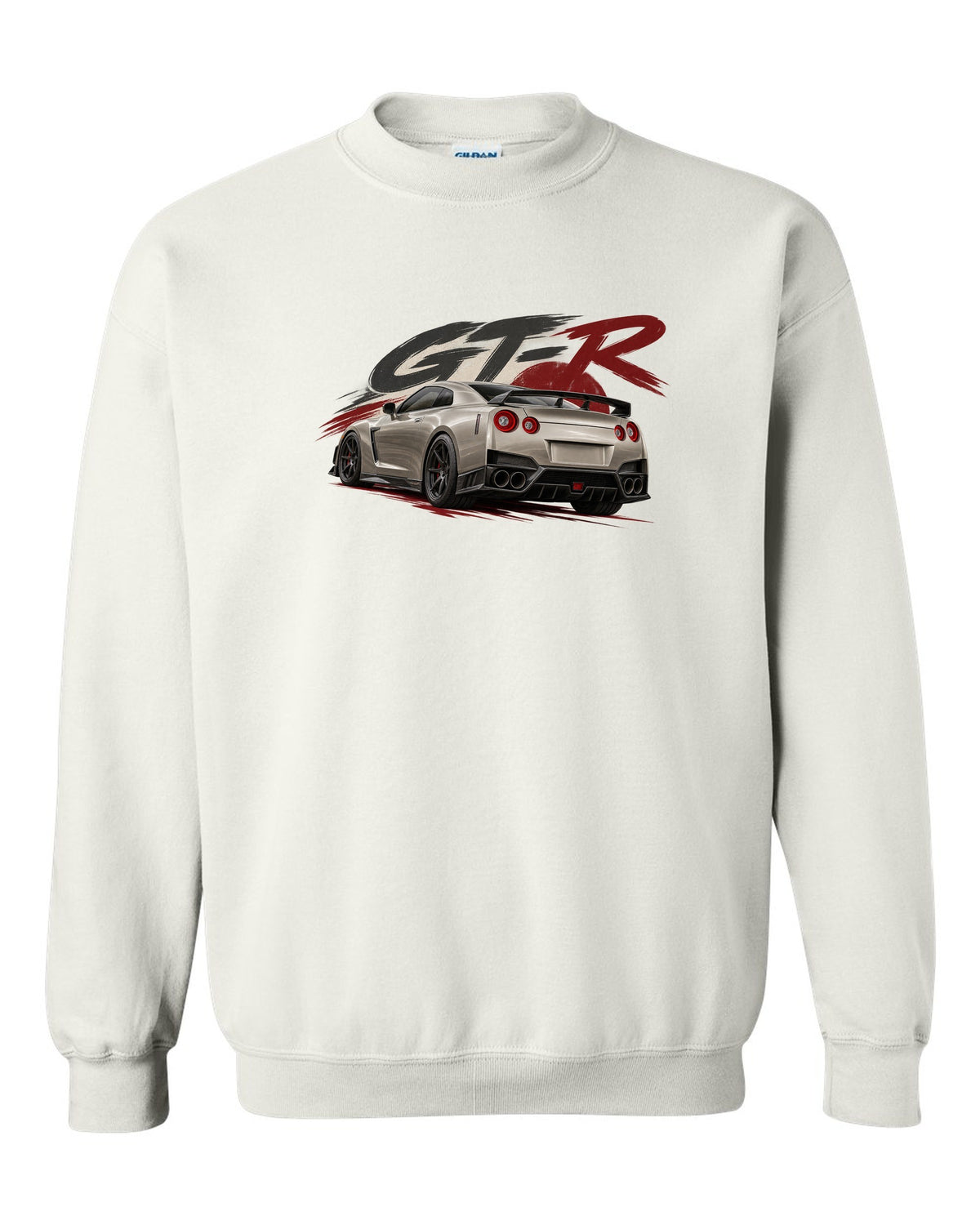 Nissan GT-R R35 VR38DETT engine drawn as a poster-style hero white crewneck front view with the design