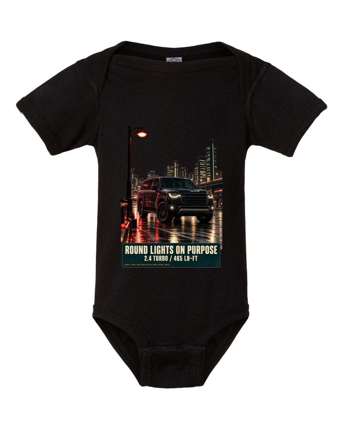 Toyota Land Cruiser 250 First Edition on a mountain pass at night black baby onesie front view with the design