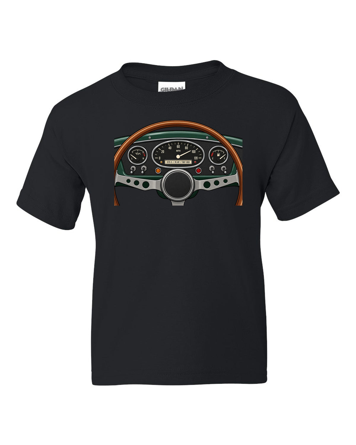 Gauge cluster readout for a classic Mini Cooper S with 1275 S and 76 HP black kids tee front view with the design