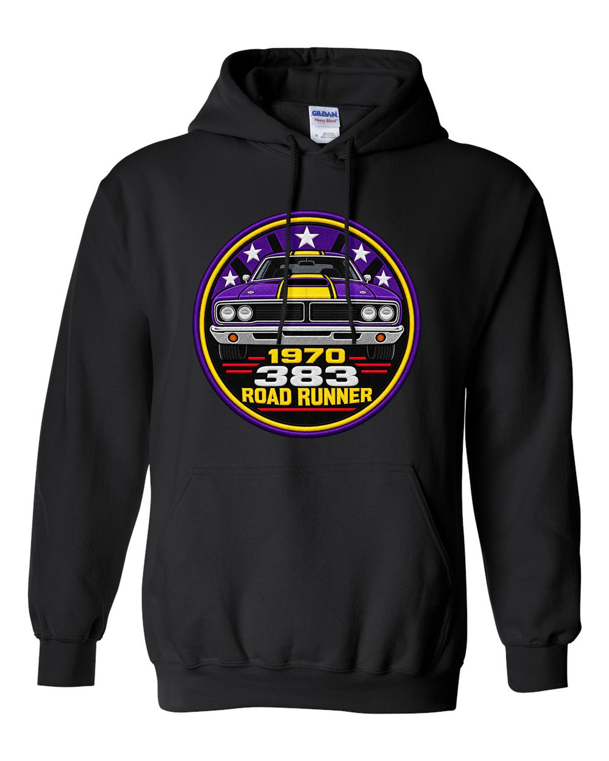 Original round crest print for a 1970 Plymouth Road Runner with 383 lettering black pull over hoodie front view with the design