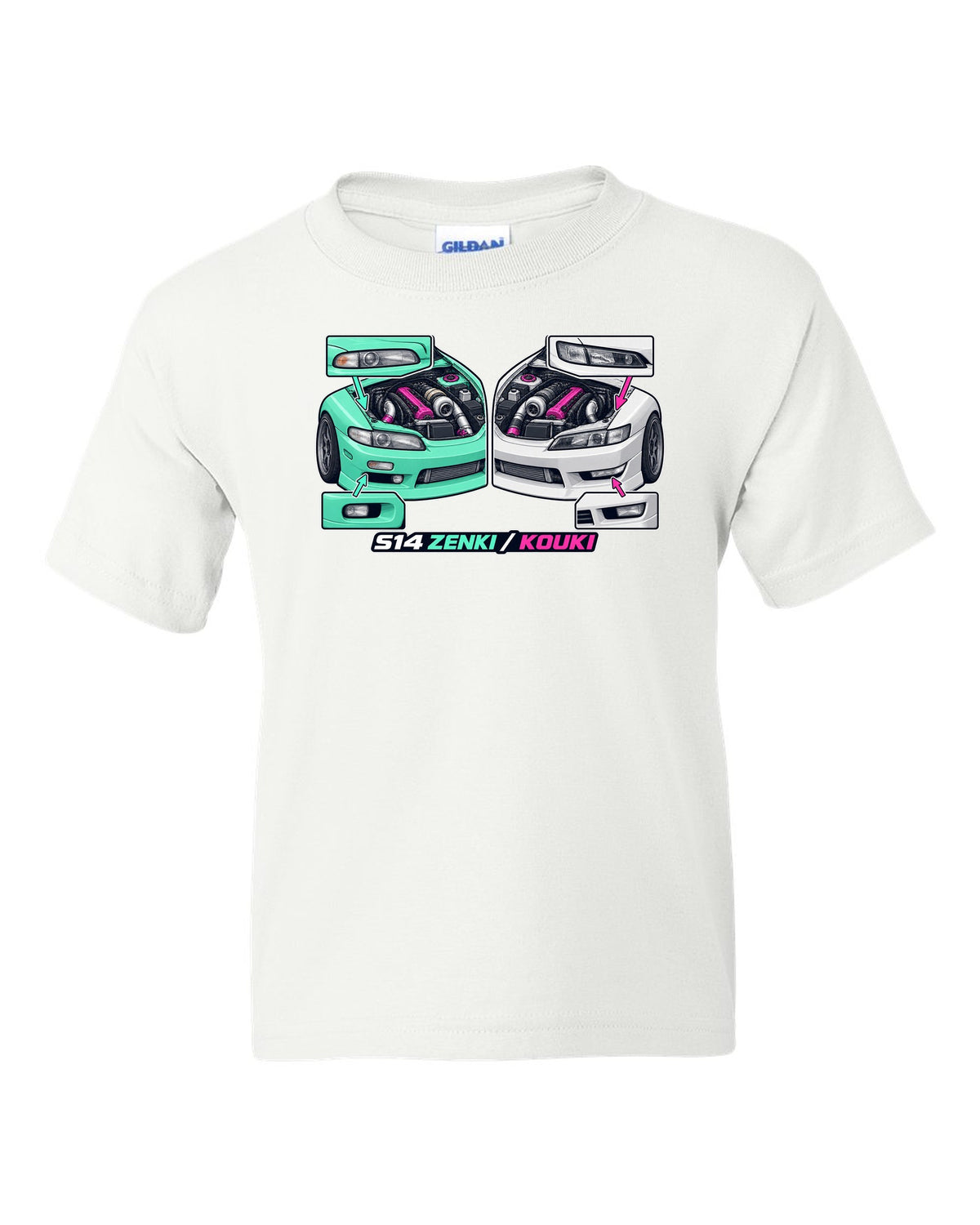 Isometric cutaway print of a 1993 Nissan Silvia S14 with Zenki and Kouki lettering white kids tee front view with the design