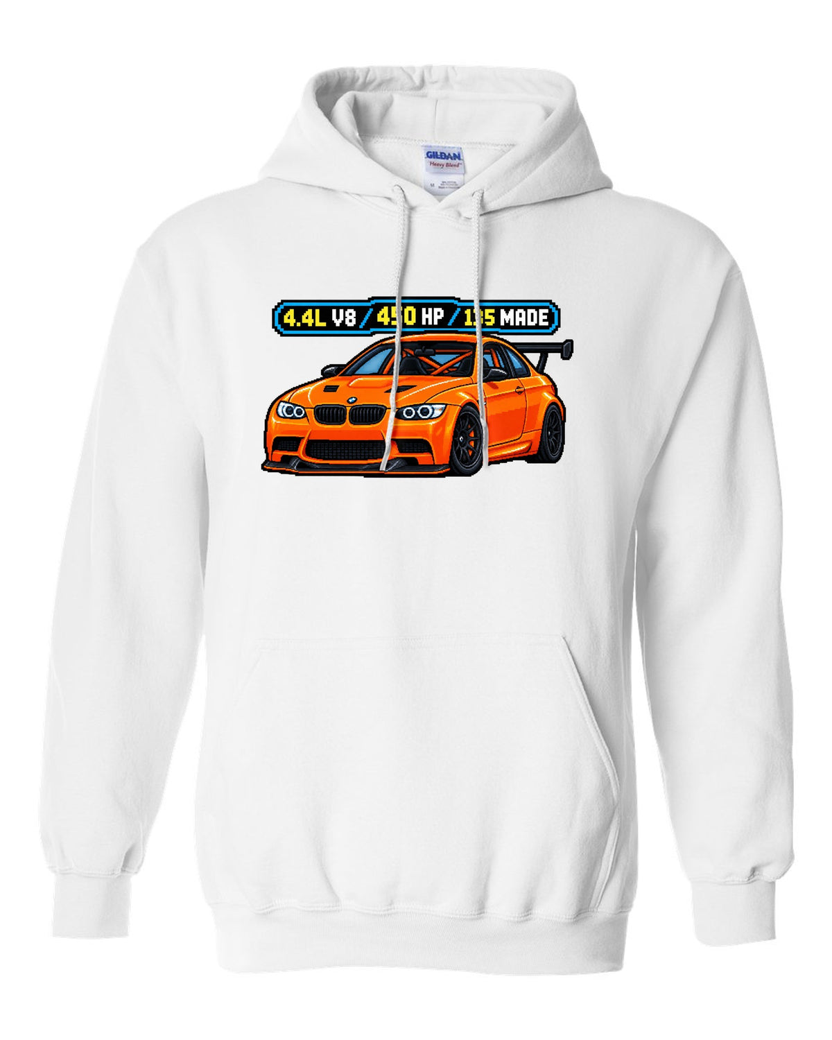 Pixel art print of an orange BMW E92 M3 GTS with 4.4L V8, 450 HP and 135 made text white pull over hoodie front view with the design
