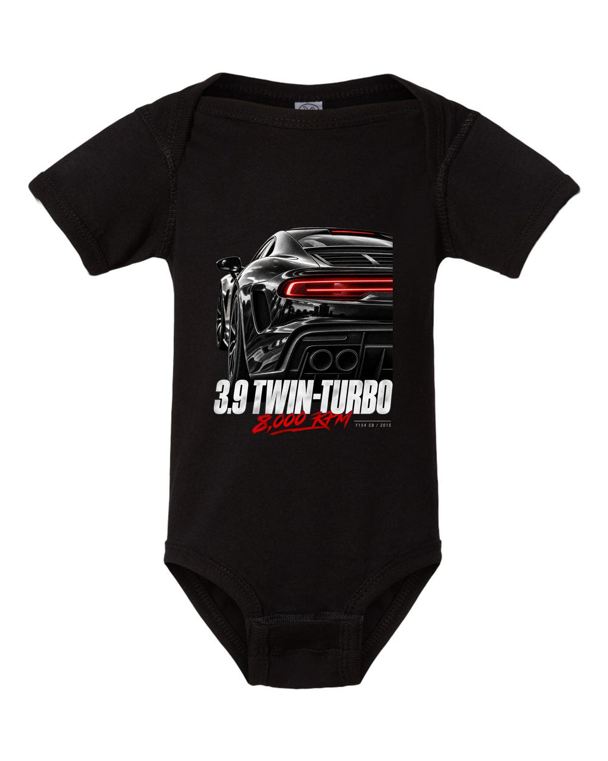 Macro print of a Ferrari 488 GTB rear with 3.9 twin-turbo and 8,000 rpm text black baby onesie front view with the design