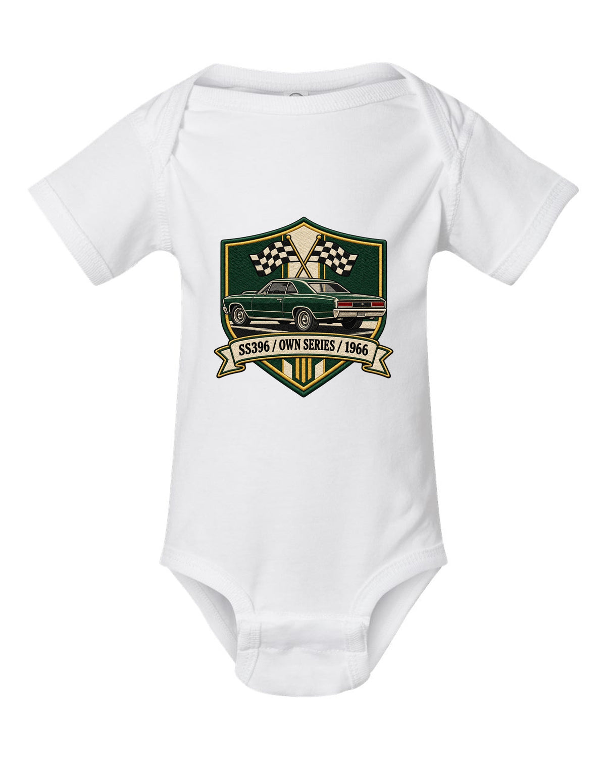 1966 Chevelle SS396 in an embroidery-style shield with text SS396 Own Series 1966 white baby onesie front view with the design