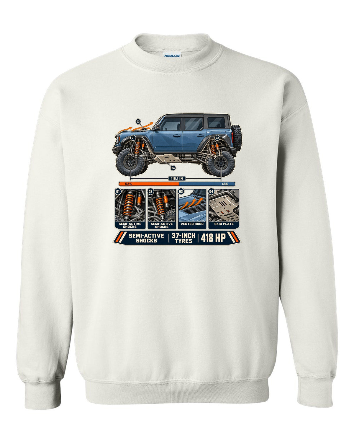 Ford Bronco Raptor suspension cutaway with callouts print white crewneck front view with the design
