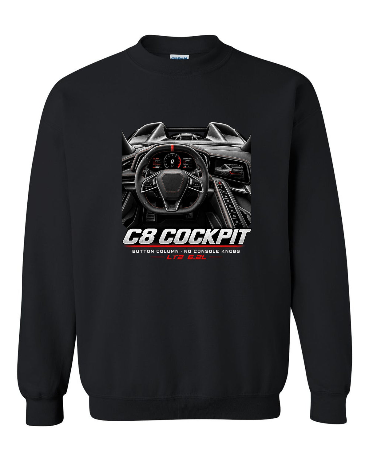 Corvette C8 Stingray 2020 cockpit with button column black crewneck front view with the design