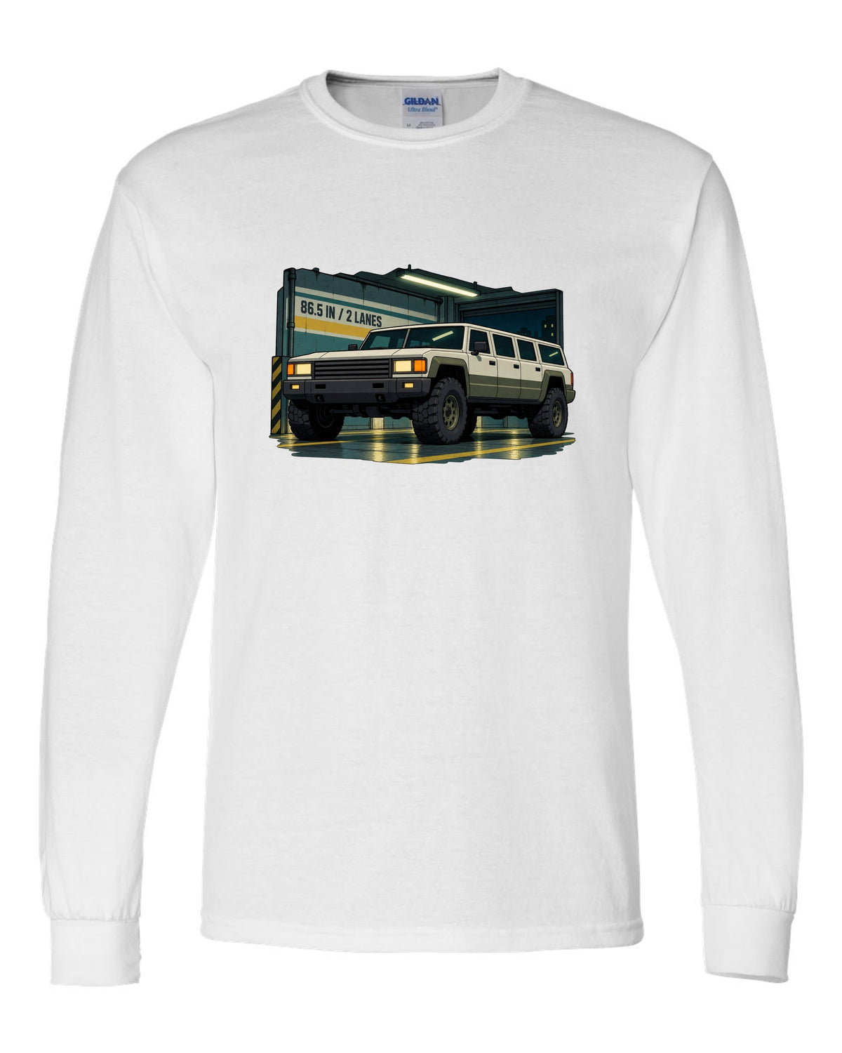Cel-shaded 90s anime style Hummer H1 in a garage with 86.5 IN and 2 LANES text white long sleeve front view with the design
