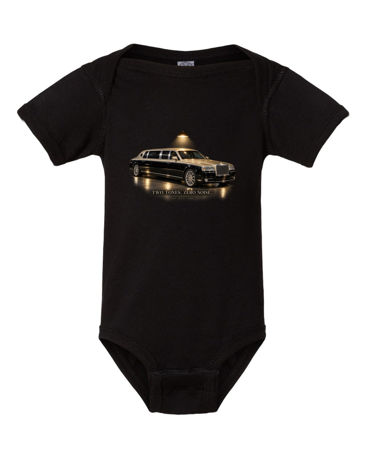 Garage night print of a Maybach 57 S W240 with Two Tones Zero Noise lettering black baby onesie front view with the design