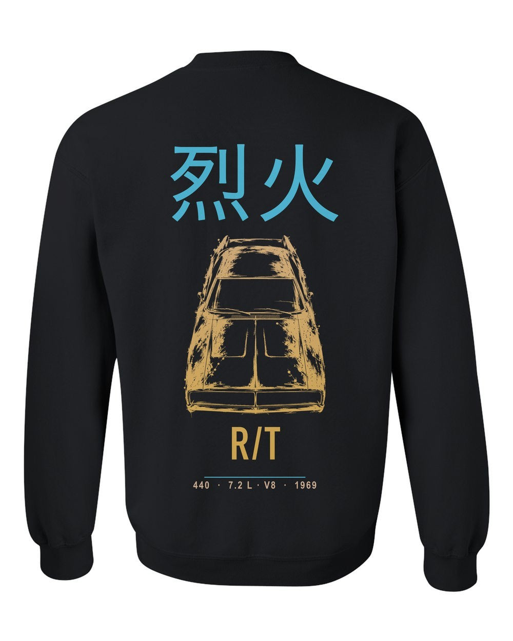 R/T full-back artwork black crewneck back view with the design