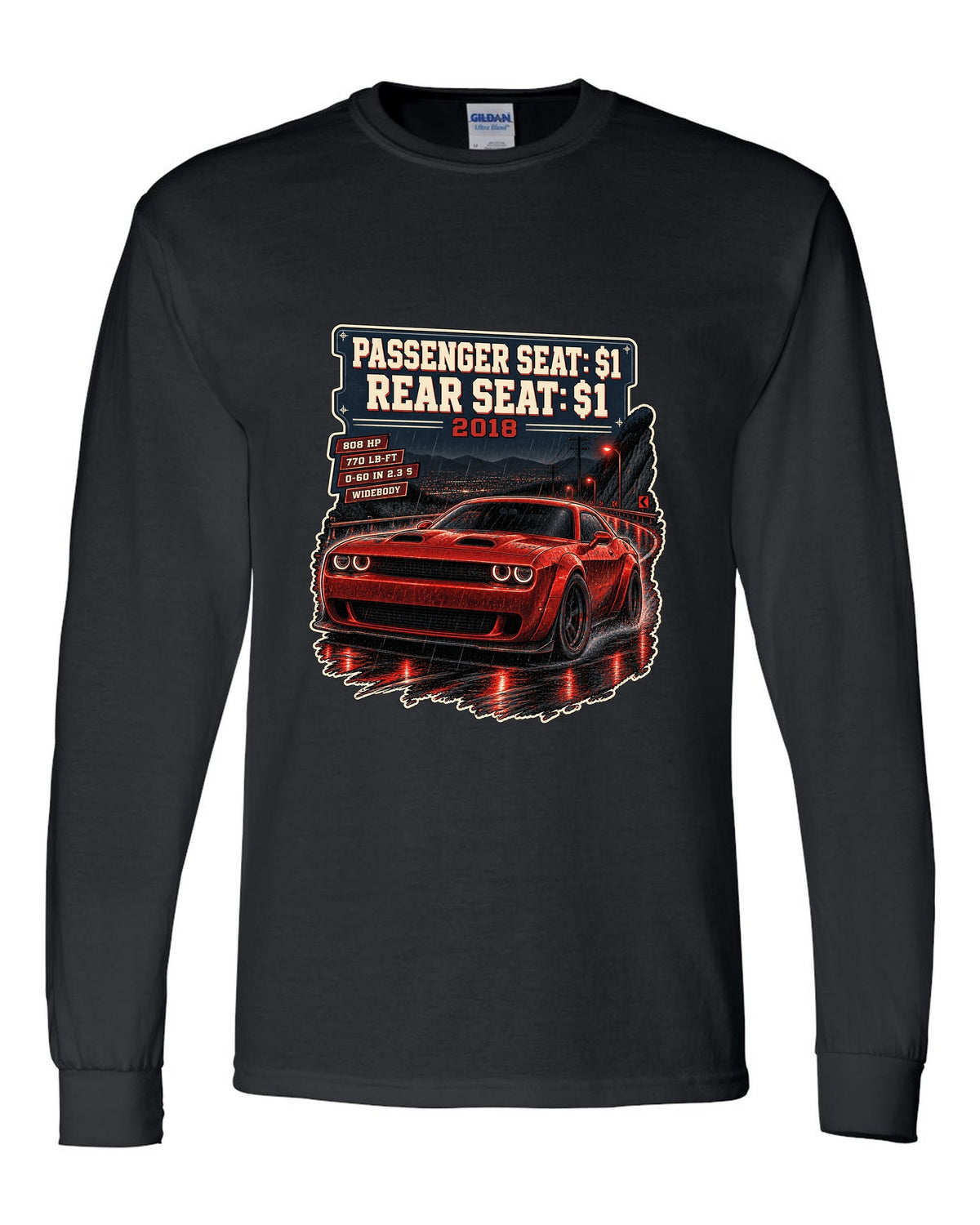 2018 Dodge Challenger SRT Demon on a night street print with seat price text black long sleeve front view with the design