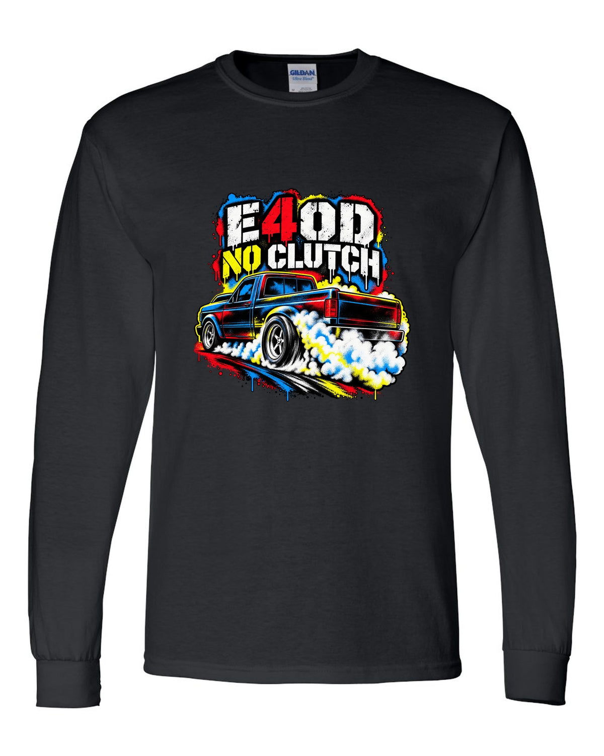 Ford F-150 SVT Lightning first gen burnout in a stencil spray print black long sleeve front view with the design