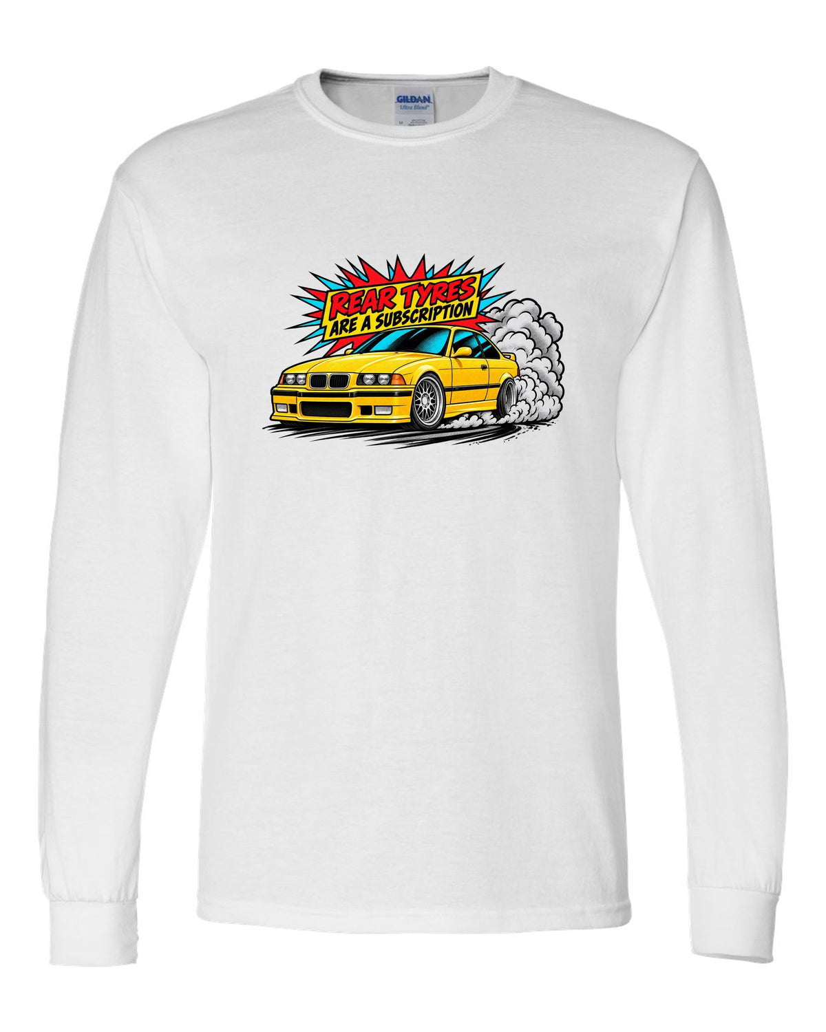 Risograph illustration of the stripped cockpit of a BMW E36 M3 Lightweight 1995 white long sleeve front view with the design