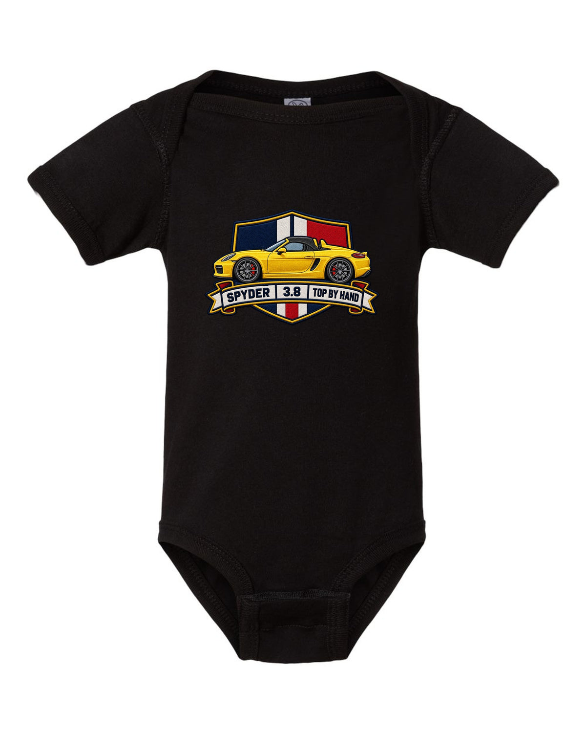 Embroidery-style crest design for the Porsche 981 Boxster Spyder with 3.8 and top by hand lettering black baby onesie front view with the design