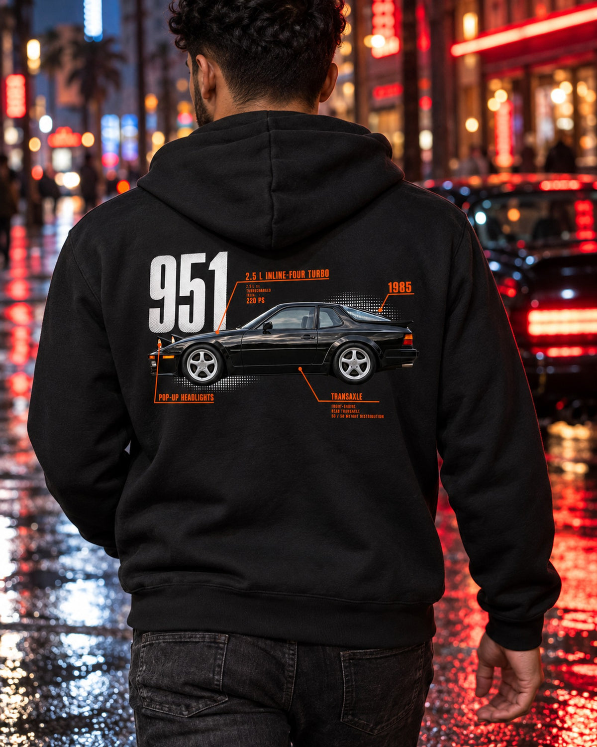 Porsche 944 Turbo 951 Spec Poster Shirt, Pop-Up Lights Zip Hoodie Black worn hero