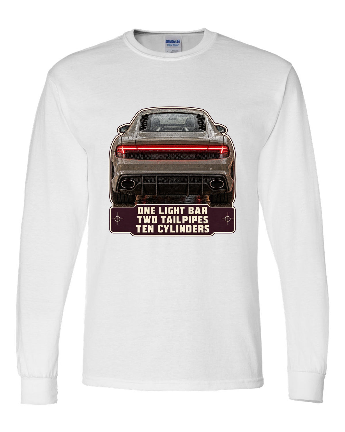 Audi R8 V10 performance rear taillight macro print design white long sleeve front view with the design
