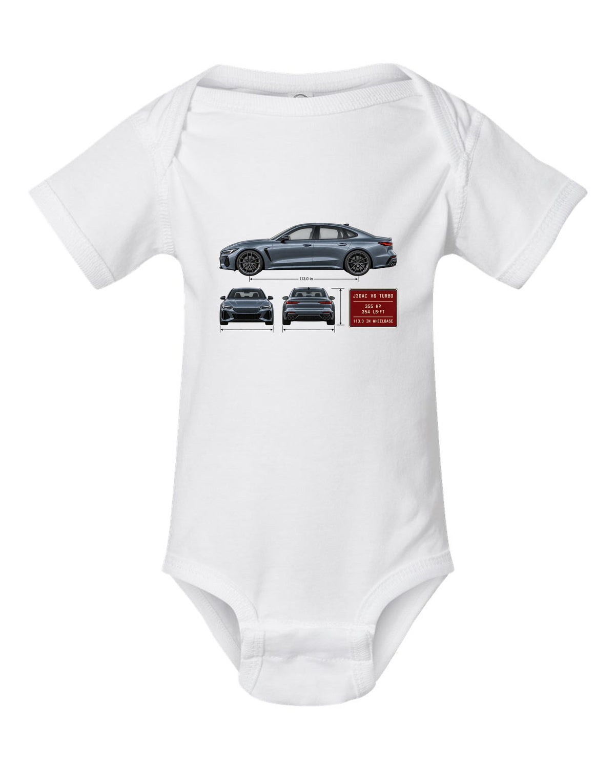 Acura TLX Type S three-view spec table print white baby onesie front view with the design