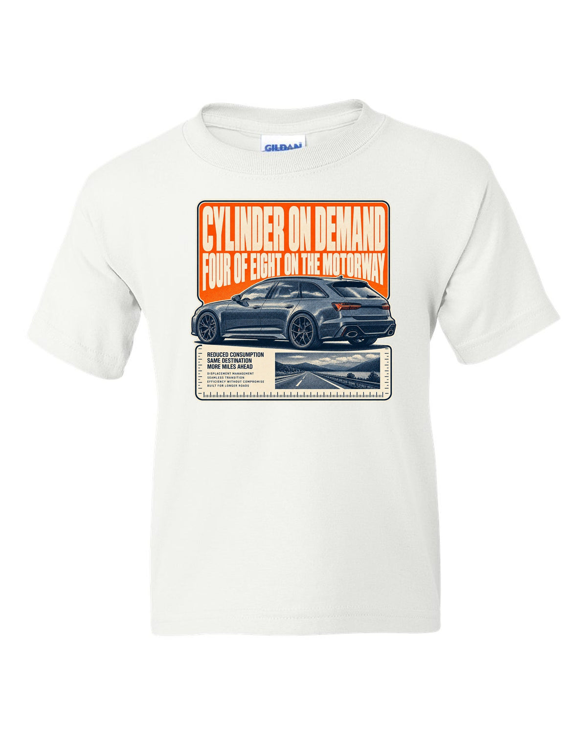 Audi RS6 Avant C8 wagon halftone statement print white kids tee front view with the design