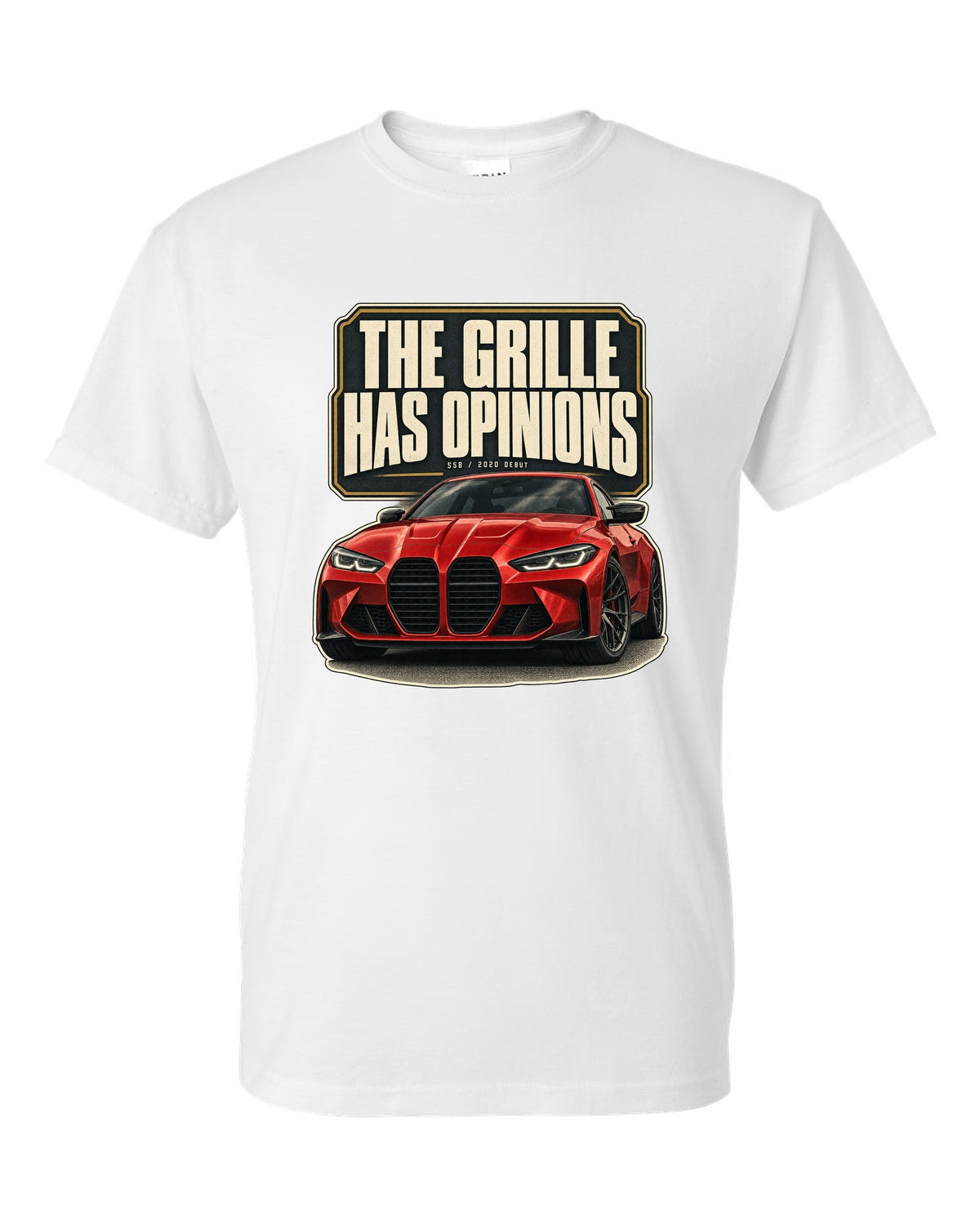 BMW M4 Competition G82 editorial headline print about the grille white t-shirt front view with the design