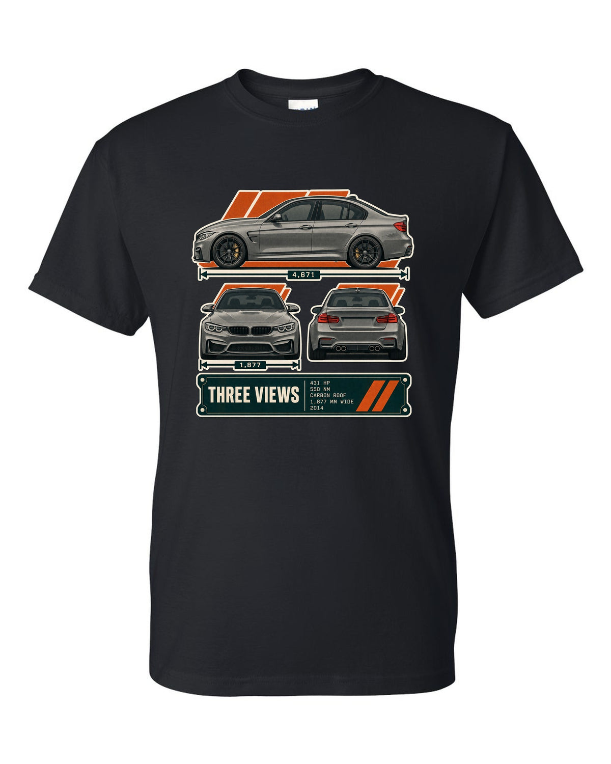 BMW M3 F80 three-view drawing with spec table print black t-shirt front view with the design