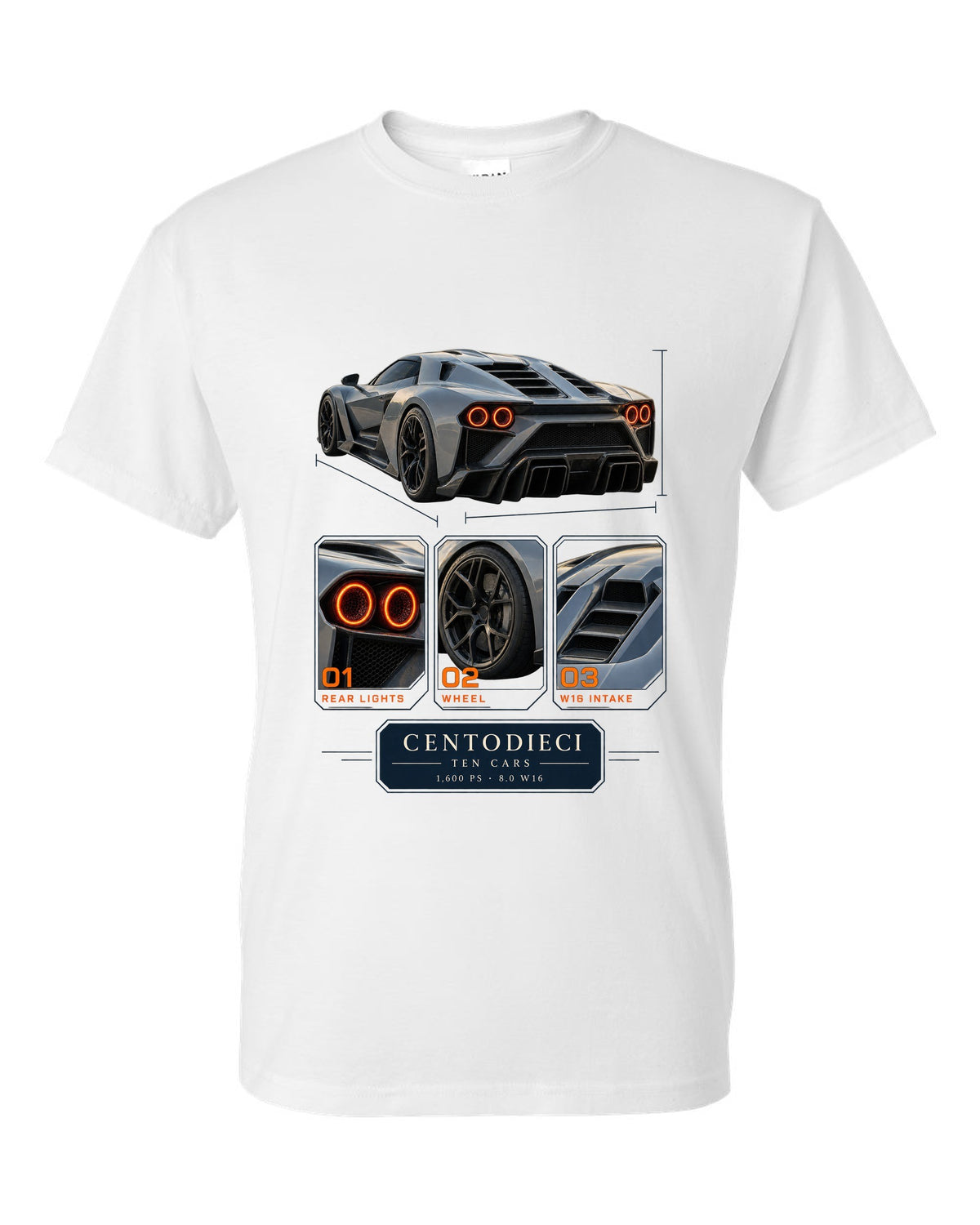 Dossier panel layout of the Bugatti Centodieci with ten-car text, print white t-shirt front view with the design