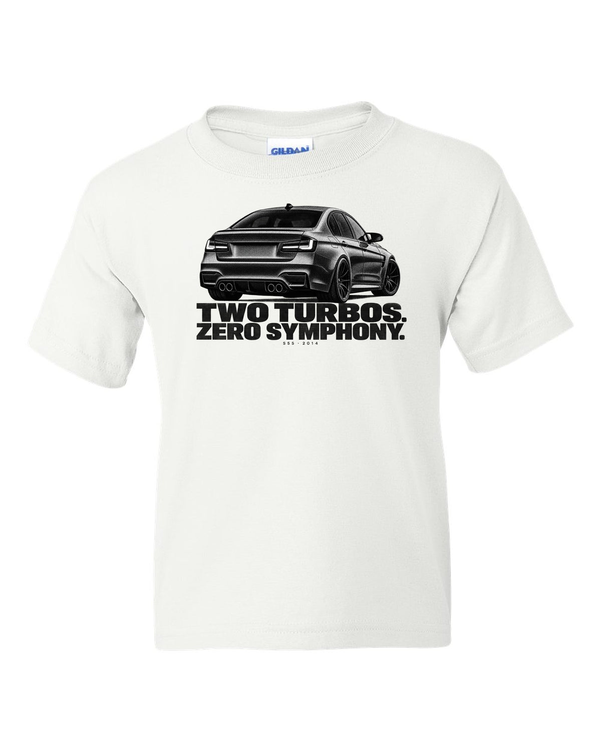 BMW F80 M3 sedan halftone print with two turbos zero symphony text white kids tee front view with the design