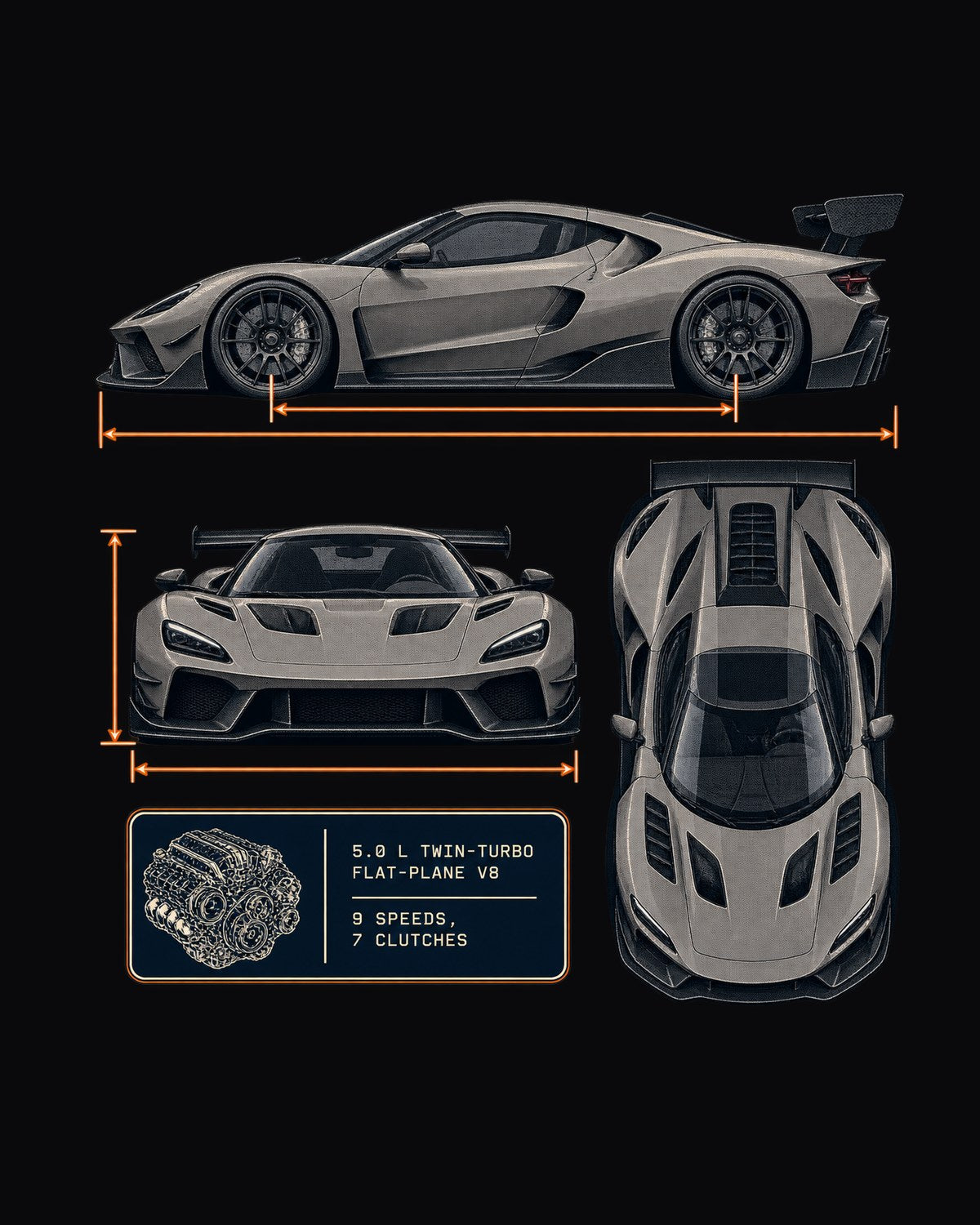 Koenigsegg Jesko Attack Three-View Spec Sheet Shirt, V8 Gift design only