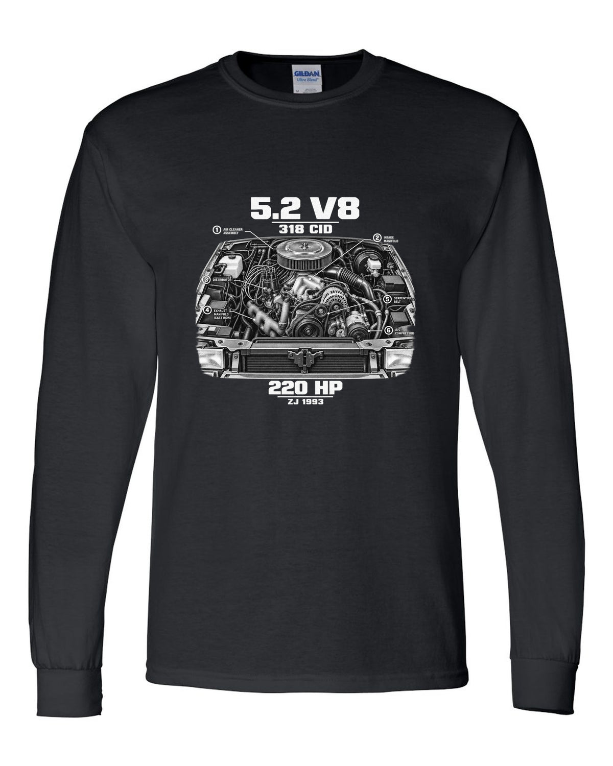 Jeep Grand Cherokee ZJ 5.2 V8 engine print with 318 CID text black long sleeve front view with the design