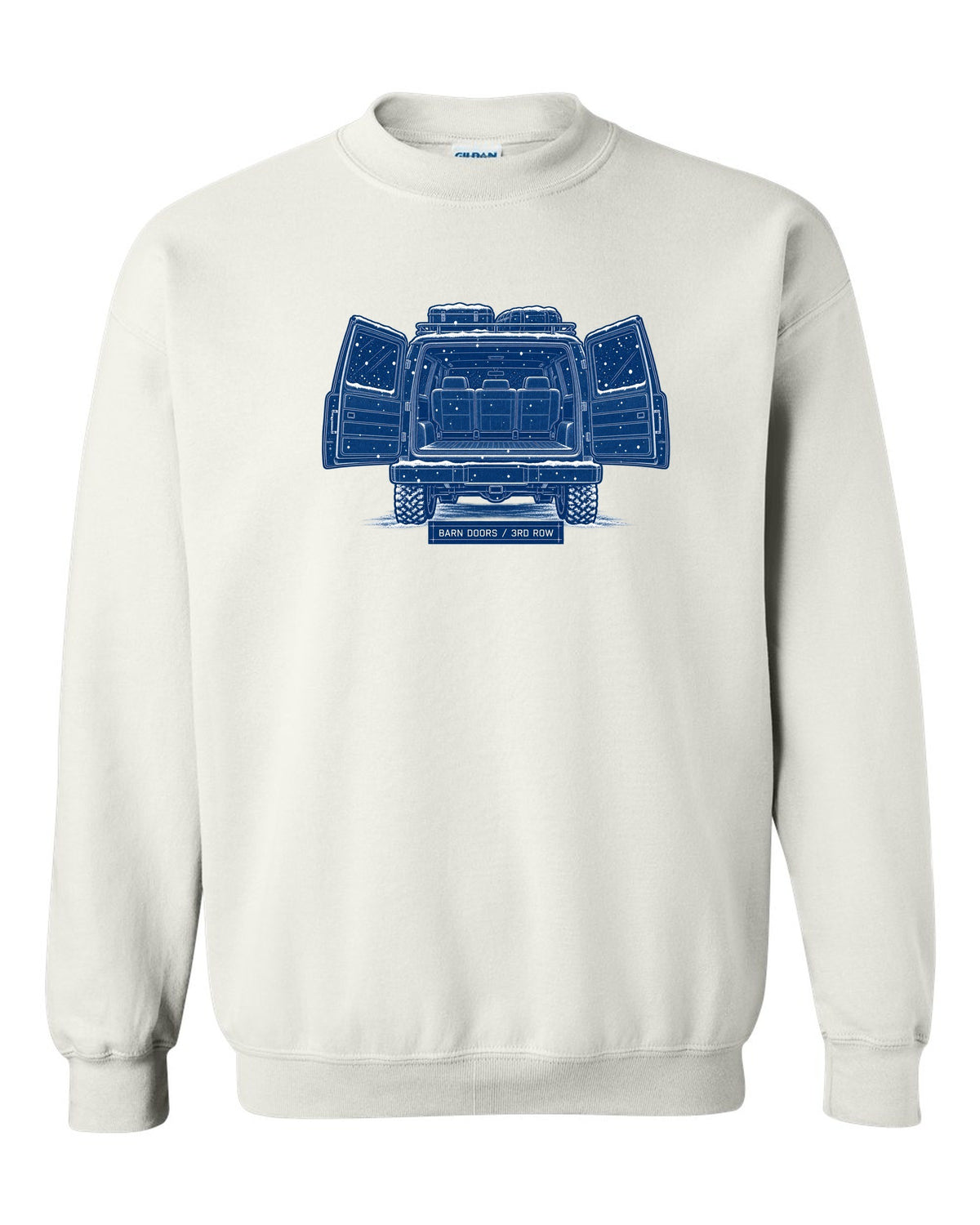 Cyanotype blueprint print of a 1992-1999 Chevrolet Suburban GMT400 with Barn Doors and 3rd Row text white crewneck front view with the design