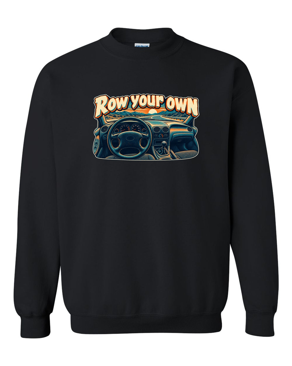 Risograph halftone Ford Mustang SN95 with the words Row your own black crewneck front view with the design