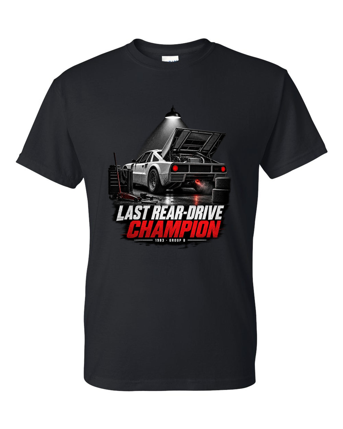Garage night print of a Lancia Rally 037 with Last Rear-Drive Champion text black t-shirt front view with the design