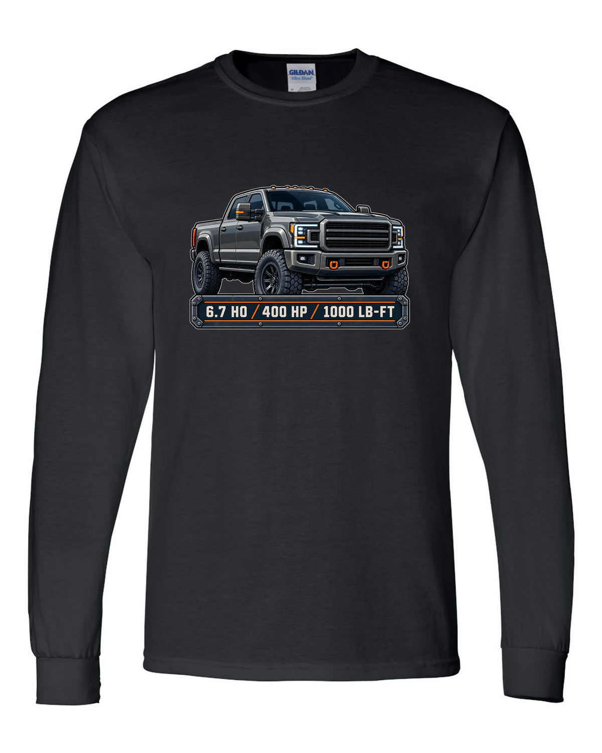 Spec-sheet data plate print for a 2019-2024 Ram HD 2500 crew cab with 6.7 HO 400 HP 1000 lb-ft text black long sleeve front view with the design