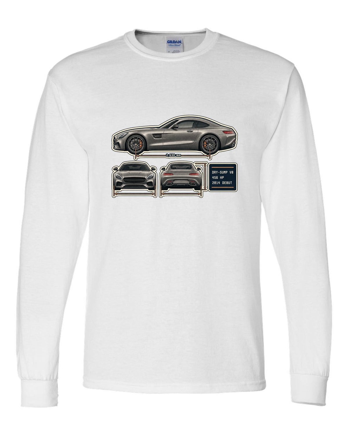 Mercedes-AMG GT C190 three-view and spec table print white long sleeve front view with the design